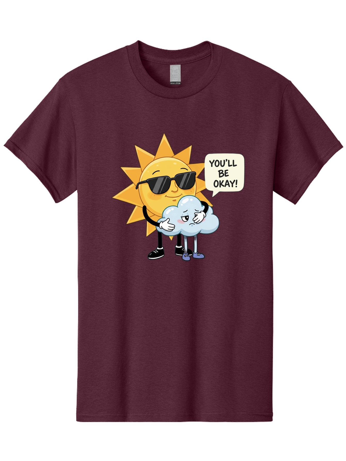 Sun-Comforting-Cloud Men'S Graphic Tee, 100% Cotton, Comfortable Casual Summer Wear, Machine Washable, Sun Wearing Sunglasses, Comforting A Sad Cloud, You'Ll Be Okay!, Emotional Support, Cartoon Characters, Positive Vibes, Bae105