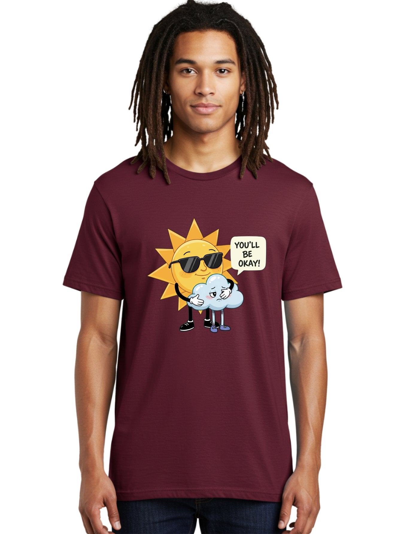 Sun-Comforting-Cloud Men'S Graphic Tee, 100% Cotton, Comfortable Casual Summer Wear, Machine Washable, Sun Wearing Sunglasses, Comforting A Sad Cloud, You'Ll Be Okay!, Emotional Support, Cartoon Characters, Positive Vibes, Bae105 19