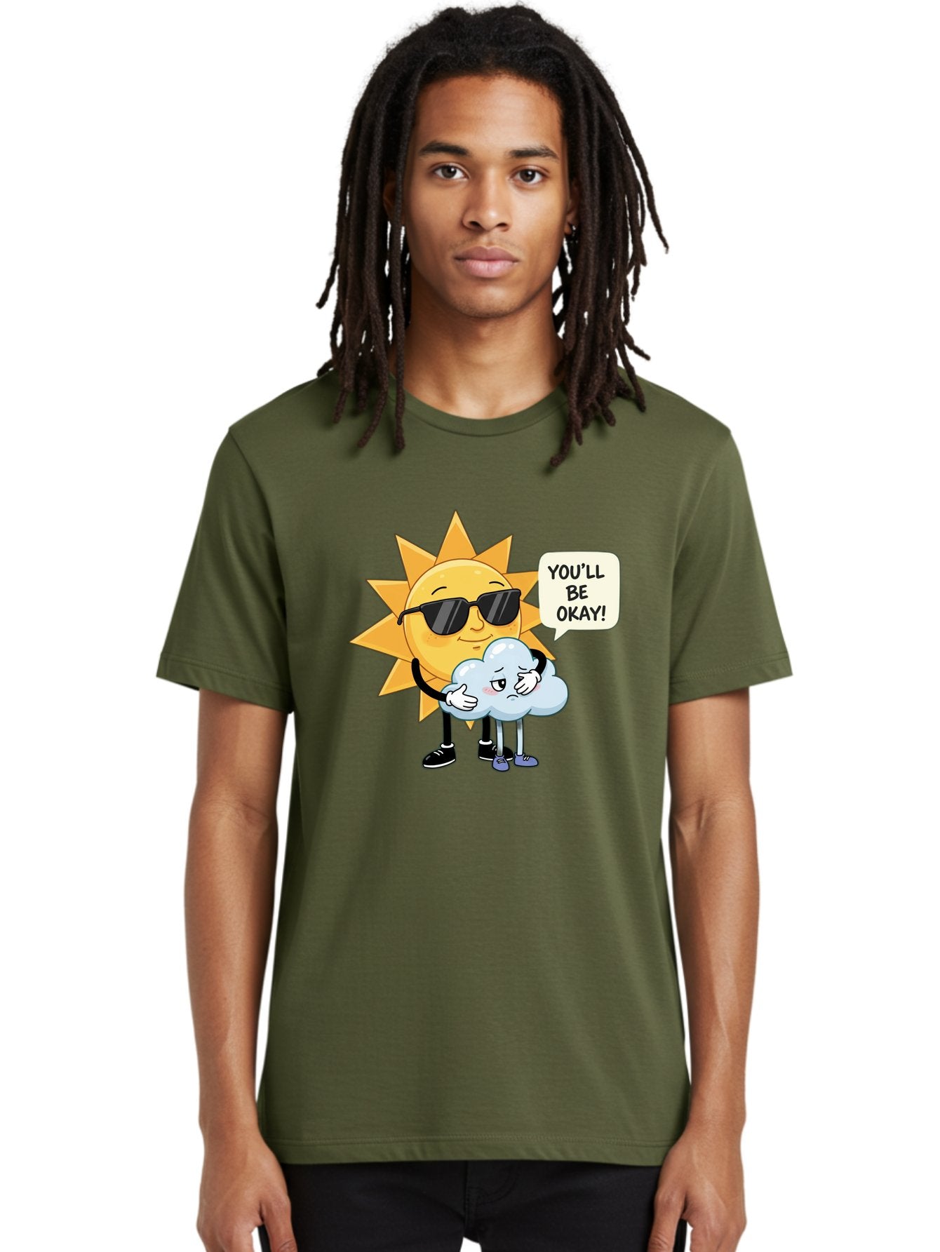 Sun-Comforting-Cloud Men'S Graphic Tee, 100% Cotton, Comfortable Casual Summer Wear, Machine Washable, Sun Wearing Sunglasses, Comforting A Sad Cloud, You'Ll Be Okay!, Emotional Support, Cartoon Characters, Positive Vibes, Bae105 26