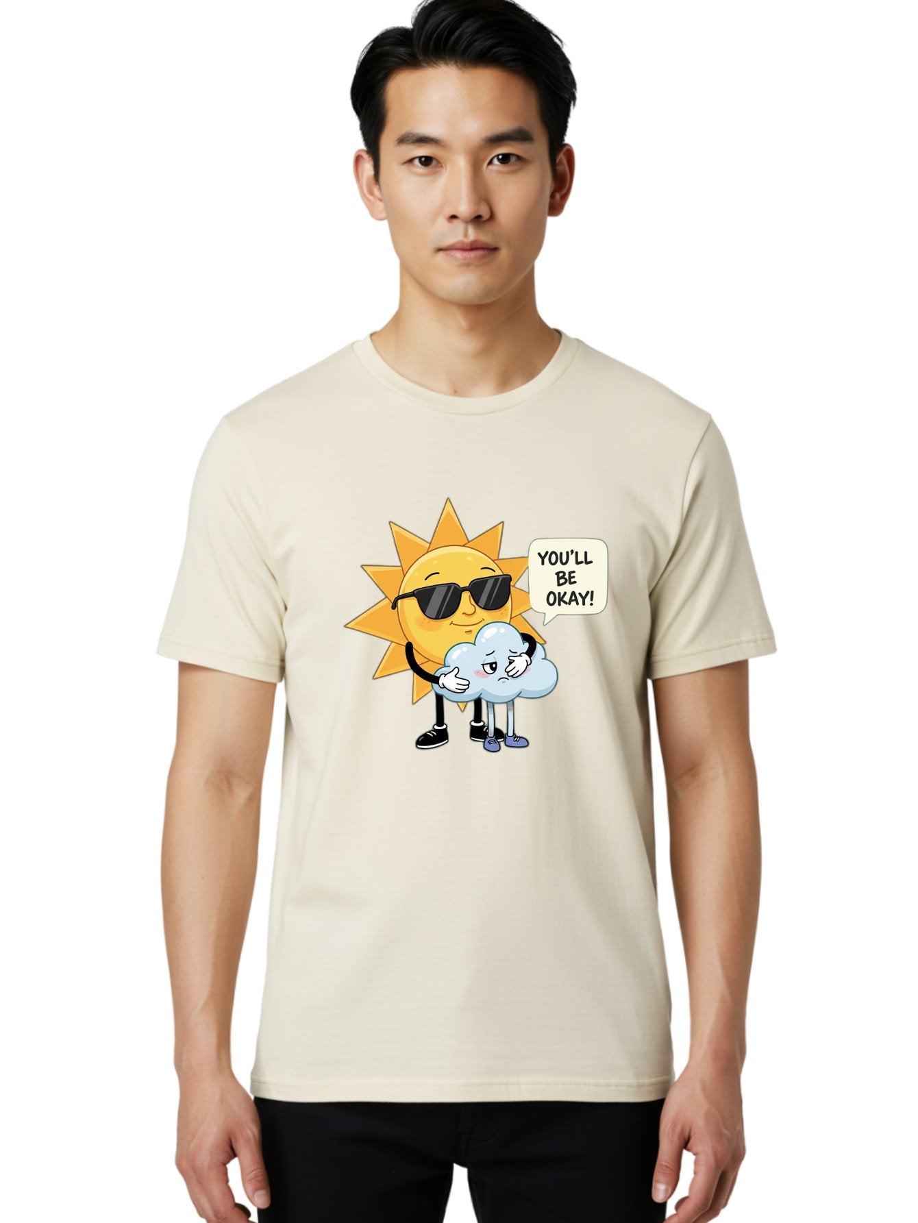 Sun-Comforting-Cloud Men'S Graphic Tee, 100% Cotton, Comfortable Casual Summer Wear, Machine Washable, Sun Wearing Sunglasses, Comforting A Sad Cloud, You'Ll Be Okay!, Emotional Support, Cartoon Characters, Positive Vibes, Bae105 29