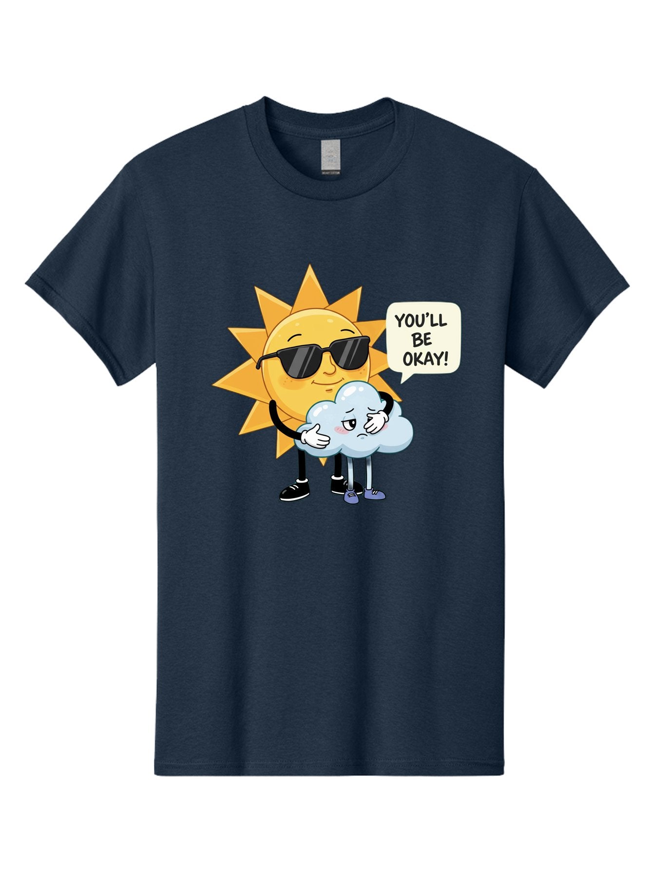 Sun-Comforting-Cloud Men'S Graphic Tee, 100% Cotton, Comfortable Casual Summer Wear, Machine Washable, Sun Wearing Sunglasses, Comforting A Sad Cloud, You'Ll Be Okay!, Emotional Support, Cartoon Characters, Positive Vibes, Bae105 12