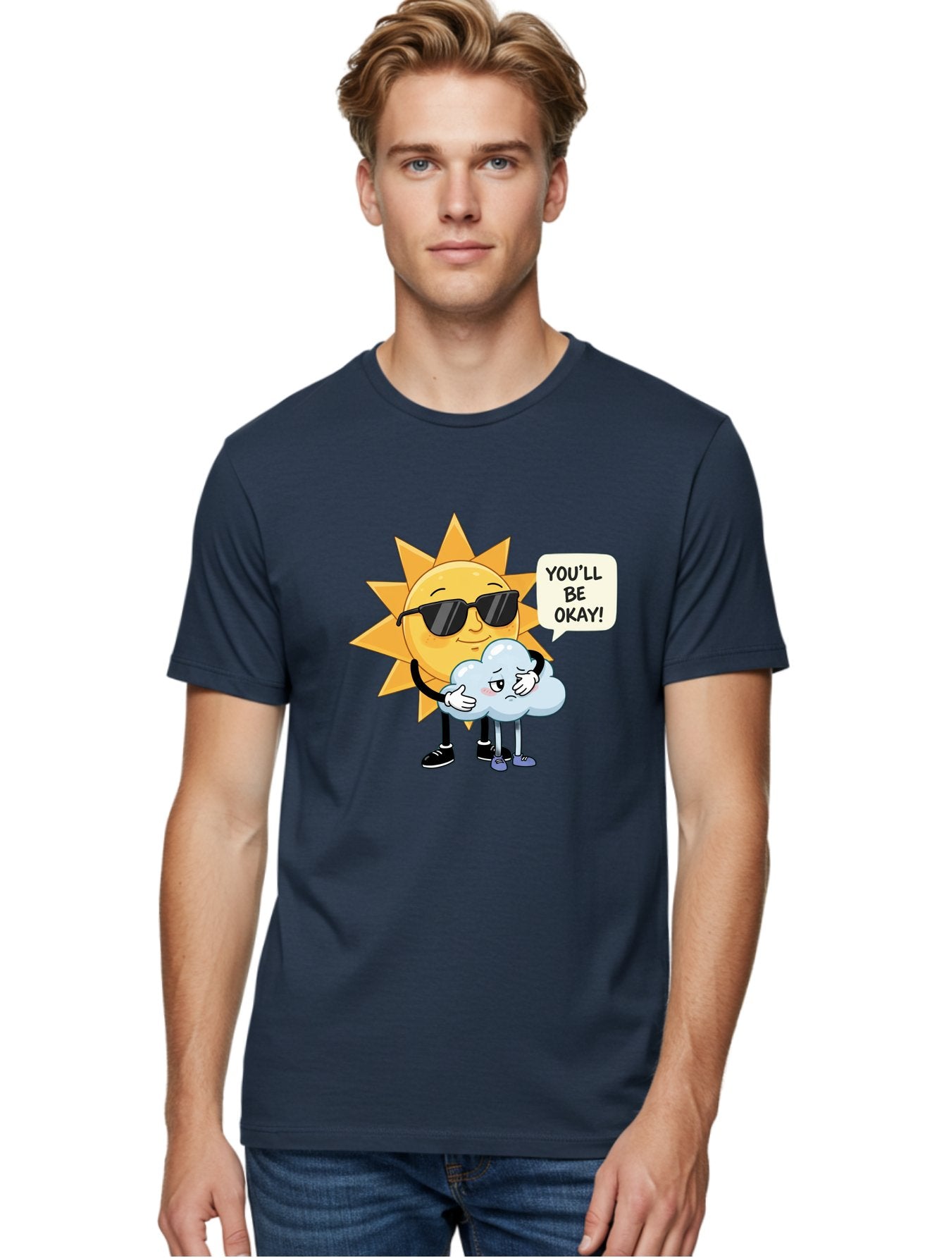 Sun-Comforting-Cloud Men'S Graphic Tee, 100% Cotton, Comfortable Casual Summer Wear, Machine Washable, Sun Wearing Sunglasses, Comforting A Sad Cloud, You'Ll Be Okay!, Emotional Support, Cartoon Characters, Positive Vibes, Bae105 28