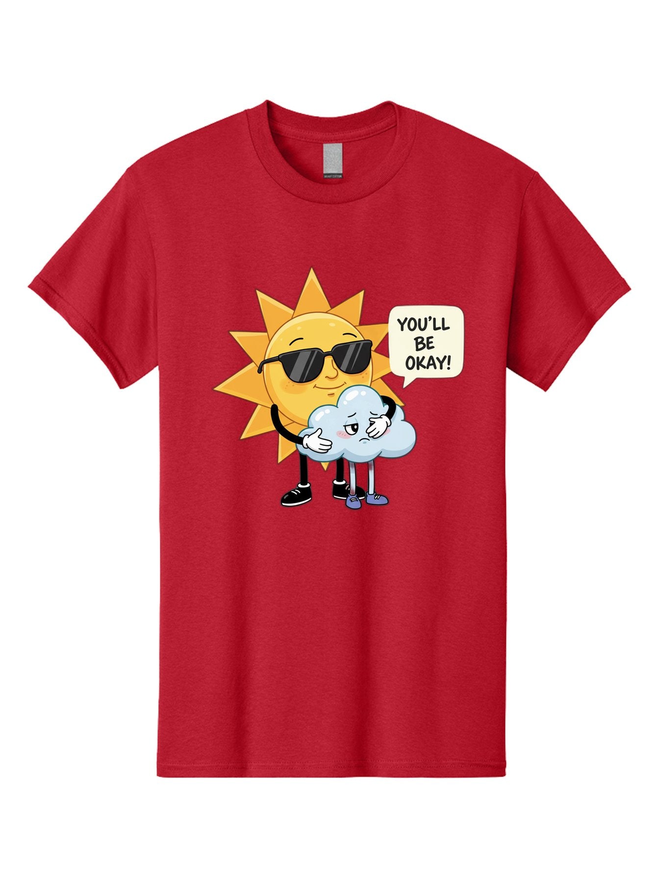 Sun-Comforting-Cloud Men'S Graphic Tee, 100% Cotton, Comfortable Casual Summer Wear, Machine Washable, Sun Wearing Sunglasses, Comforting A Sad Cloud, You'Ll Be Okay!, Emotional Support, Cartoon Characters, Positive Vibes, Bae105 13