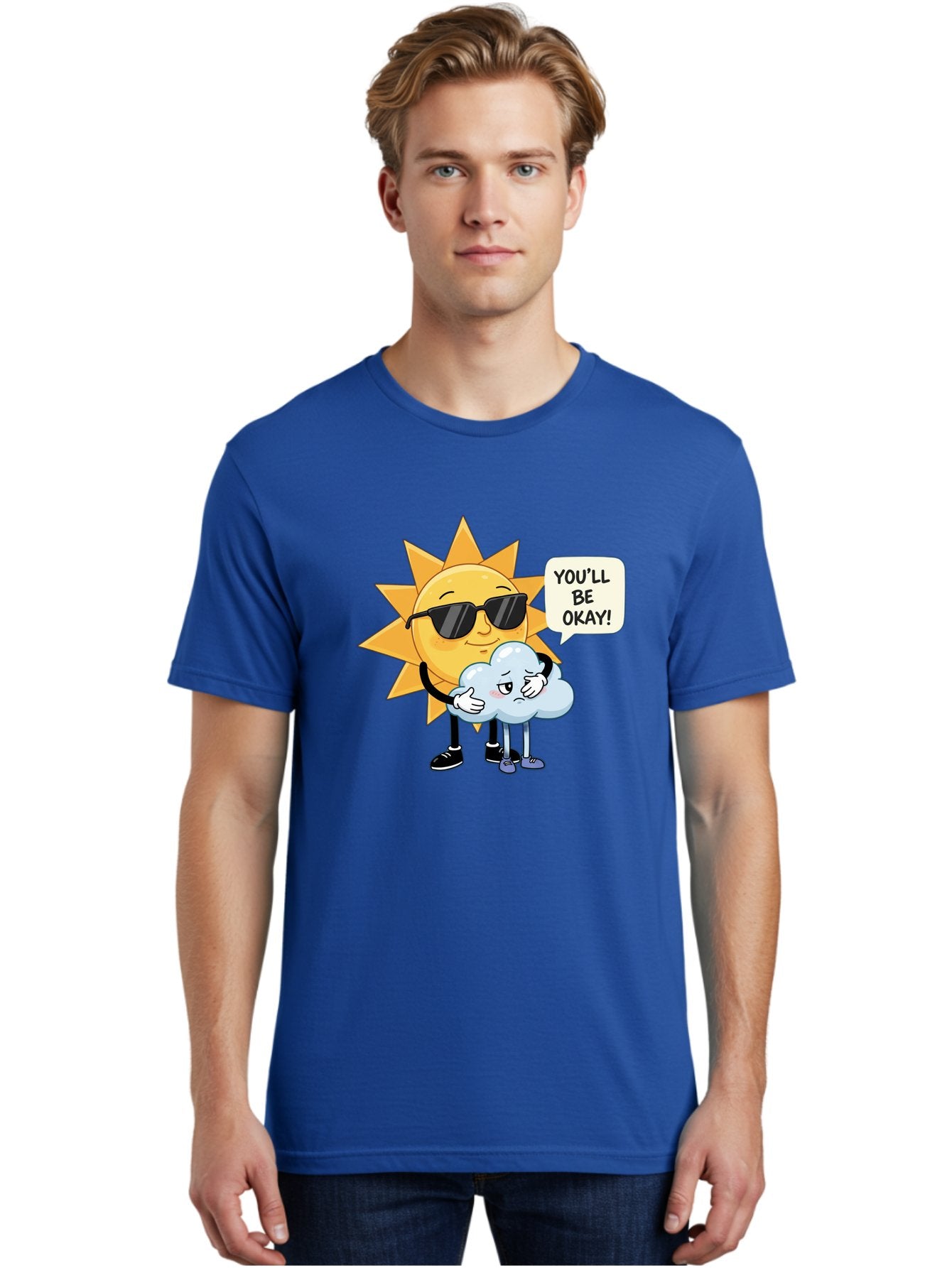 Sun-Comforting-Cloud Men'S Graphic Tee, 100% Cotton, Comfortable Casual Summer Wear, Machine Washable, Sun Wearing Sunglasses, Comforting A Sad Cloud, You'Ll Be Okay!, Emotional Support, Cartoon Characters, Positive Vibes, Bae105 23