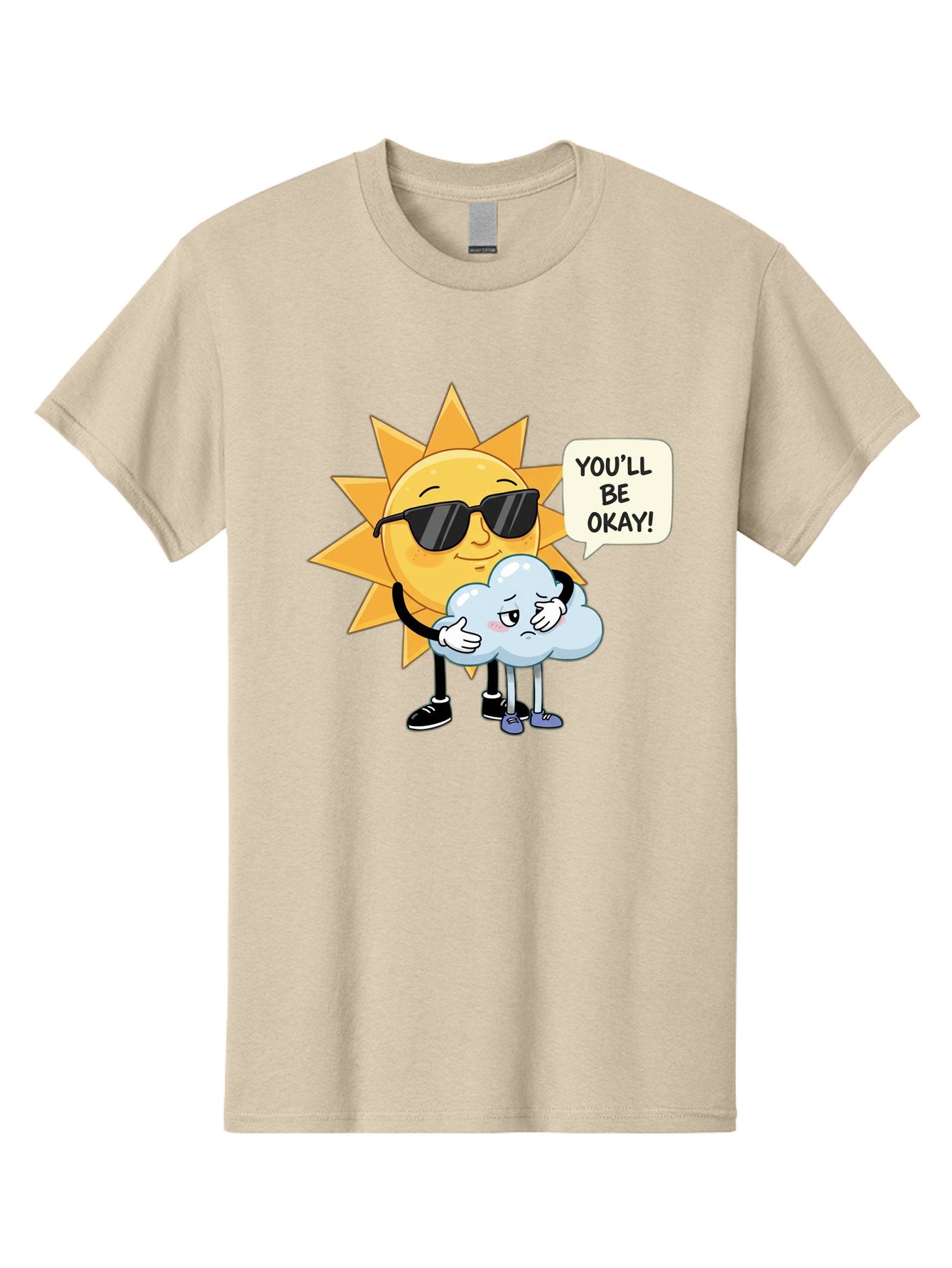 Sun-Comforting-Cloud Men'S Graphic Tee, 100% Cotton, Comfortable Casual Summer Wear, Machine Washable, Sun Wearing Sunglasses, Comforting A Sad Cloud, You'Ll Be Okay!, Emotional Support, Cartoon Characters, Positive Vibes, Bae105 15