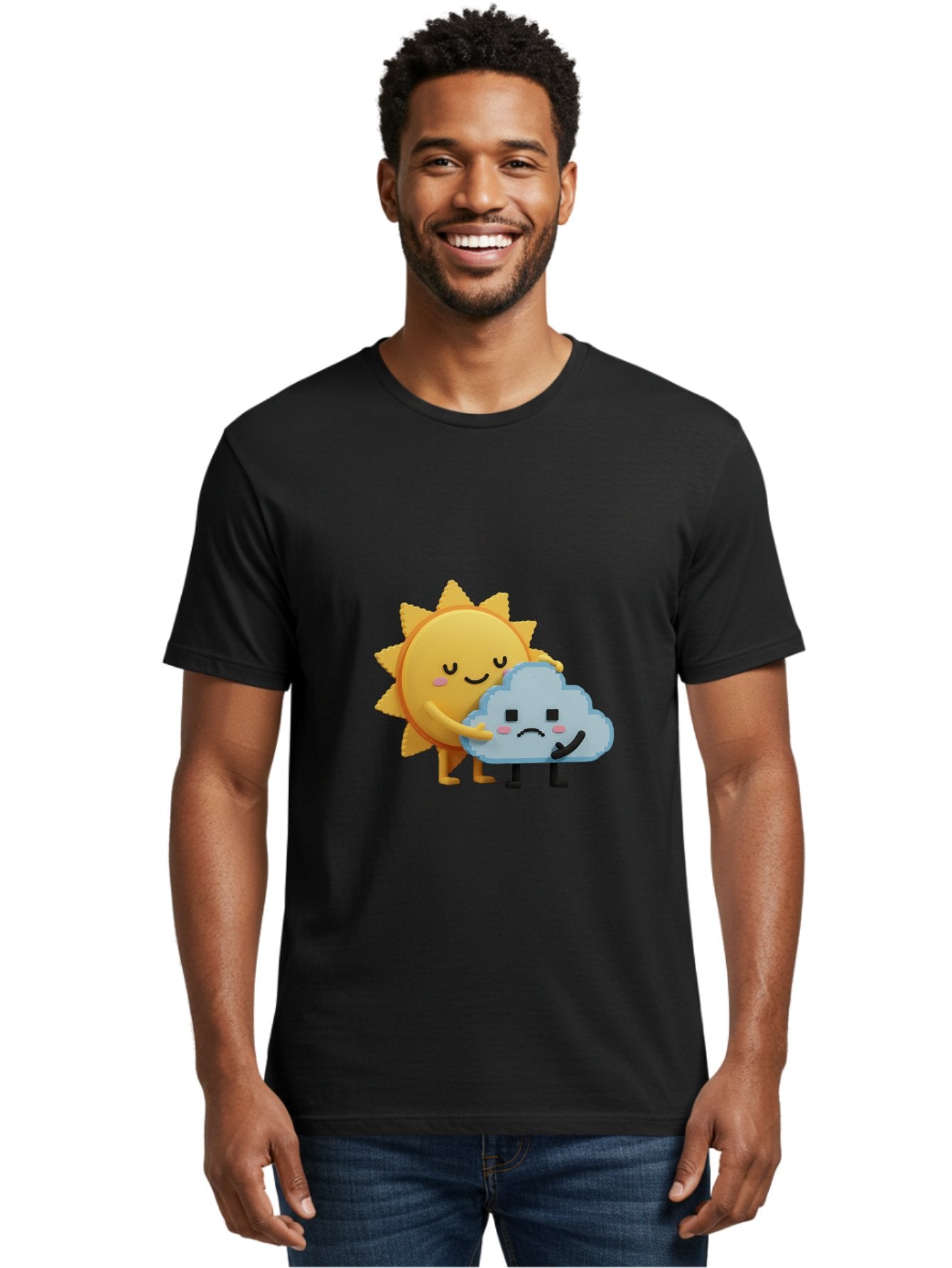 Sun-Hugging-Cloud Men'S Graphic Tee, 100% Cotton, Comfortable Casual Summer Wear, Machine Washable, Sun And Cloud, Smiling Face, Sad Face, Friendship, Anthropomorphic Characters, Emotional Weather, Cartoon Style, Weather Elements, Bae106 30