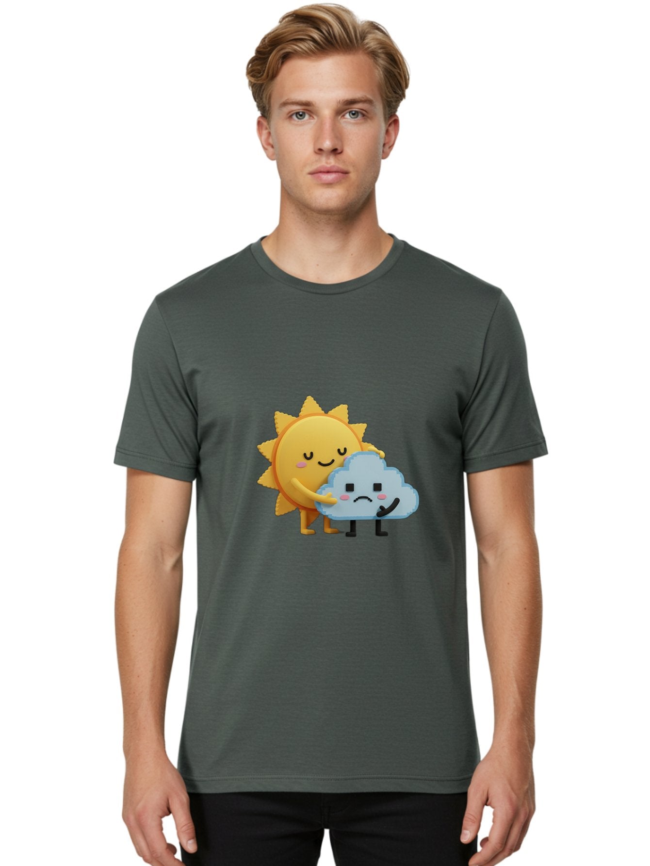 Sun-Hugging-Cloud Men'S Graphic Tee, 100% Cotton, Comfortable Casual Summer Wear, Machine Washable, Sun And Cloud, Smiling Face, Sad Face, Friendship, Anthropomorphic Characters, Emotional Weather, Cartoon Style, Weather Elements, Bae106 25
