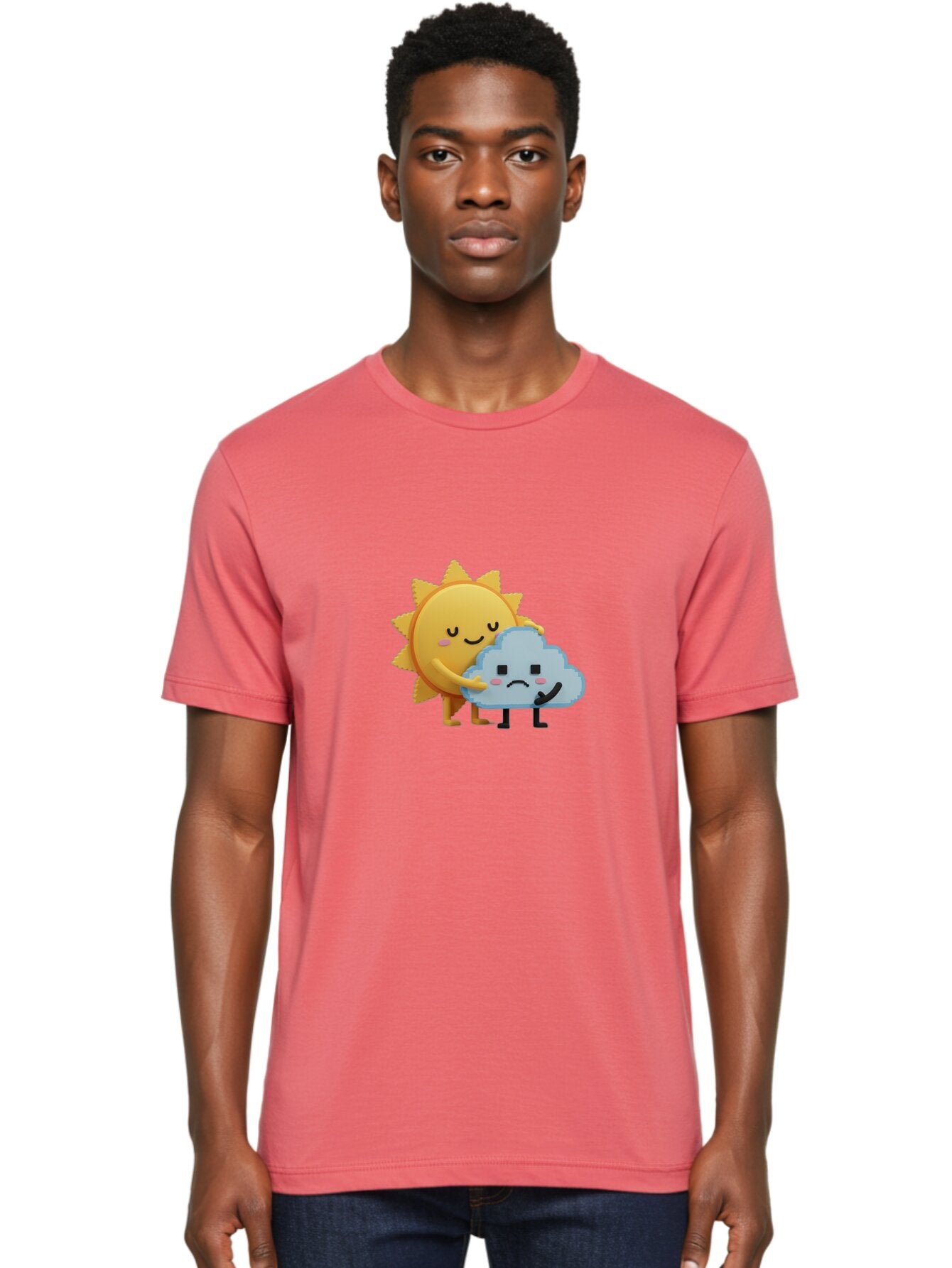 Sun-Hugging-Cloud Men'S Graphic Tee, 100% Cotton, Comfortable Casual Summer Wear, Machine Washable, Sun And Cloud, Smiling Face, Sad Face, Friendship, Anthropomorphic Characters, Emotional Weather, Cartoon Style, Weather Elements, Bae106 27