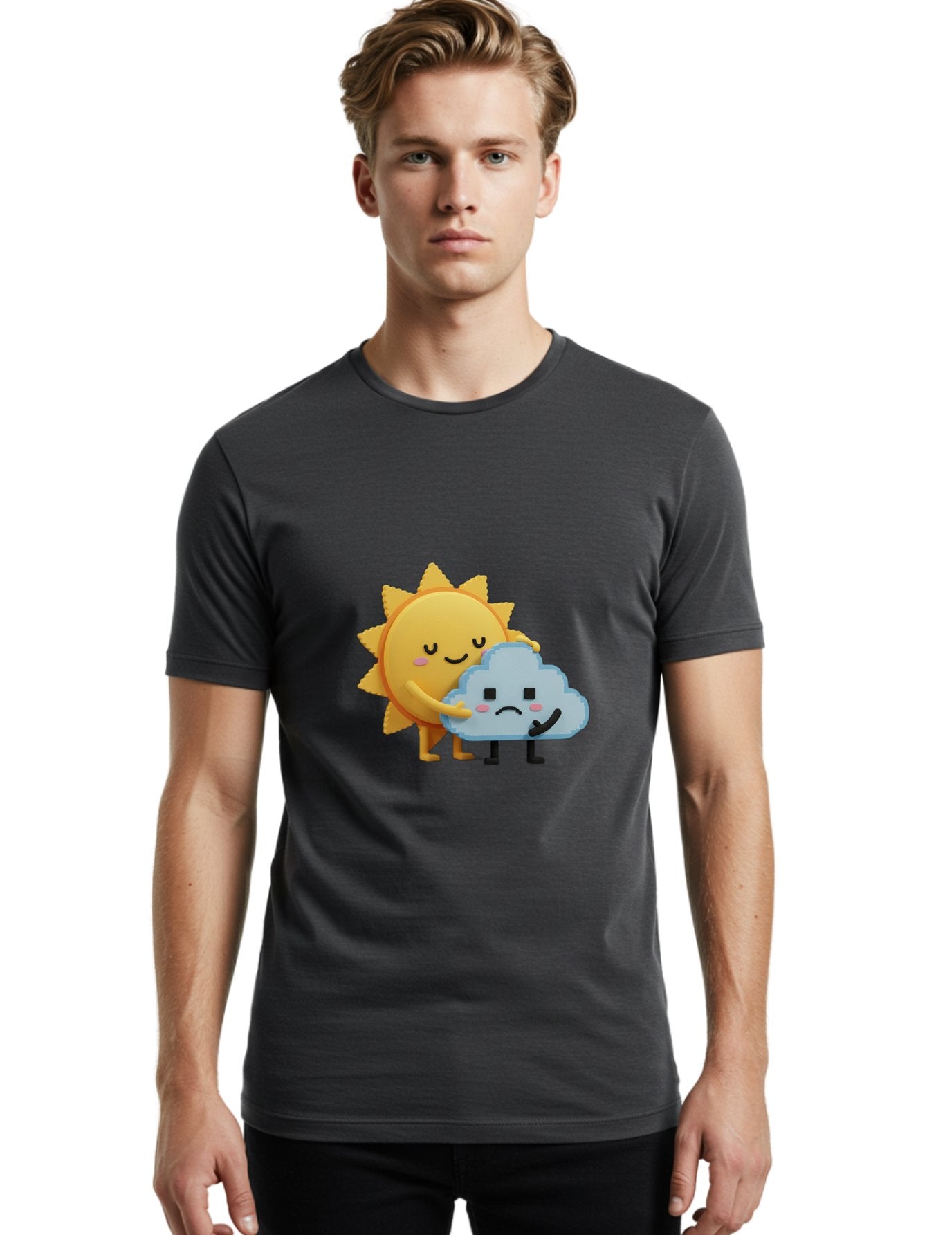 Sun-Hugging-Cloud Men'S Graphic Tee, 100% Cotton, Comfortable Casual Summer Wear, Machine Washable, Sun And Cloud, Smiling Face, Sad Face, Friendship, Anthropomorphic Characters, Emotional Weather, Cartoon Style, Weather Elements, Bae106 23