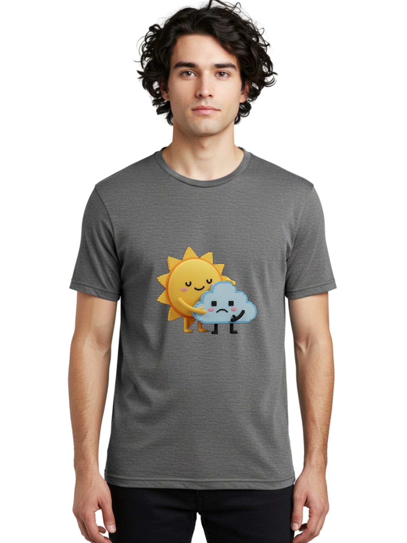 Sun-Hugging-Cloud Men'S Graphic Tee, 100% Cotton, Comfortable Casual Summer Wear, Machine Washable, Sun And Cloud, Smiling Face, Sad Face, Friendship, Anthropomorphic Characters, Emotional Weather, Cartoon Style, Weather Elements, Bae106 19