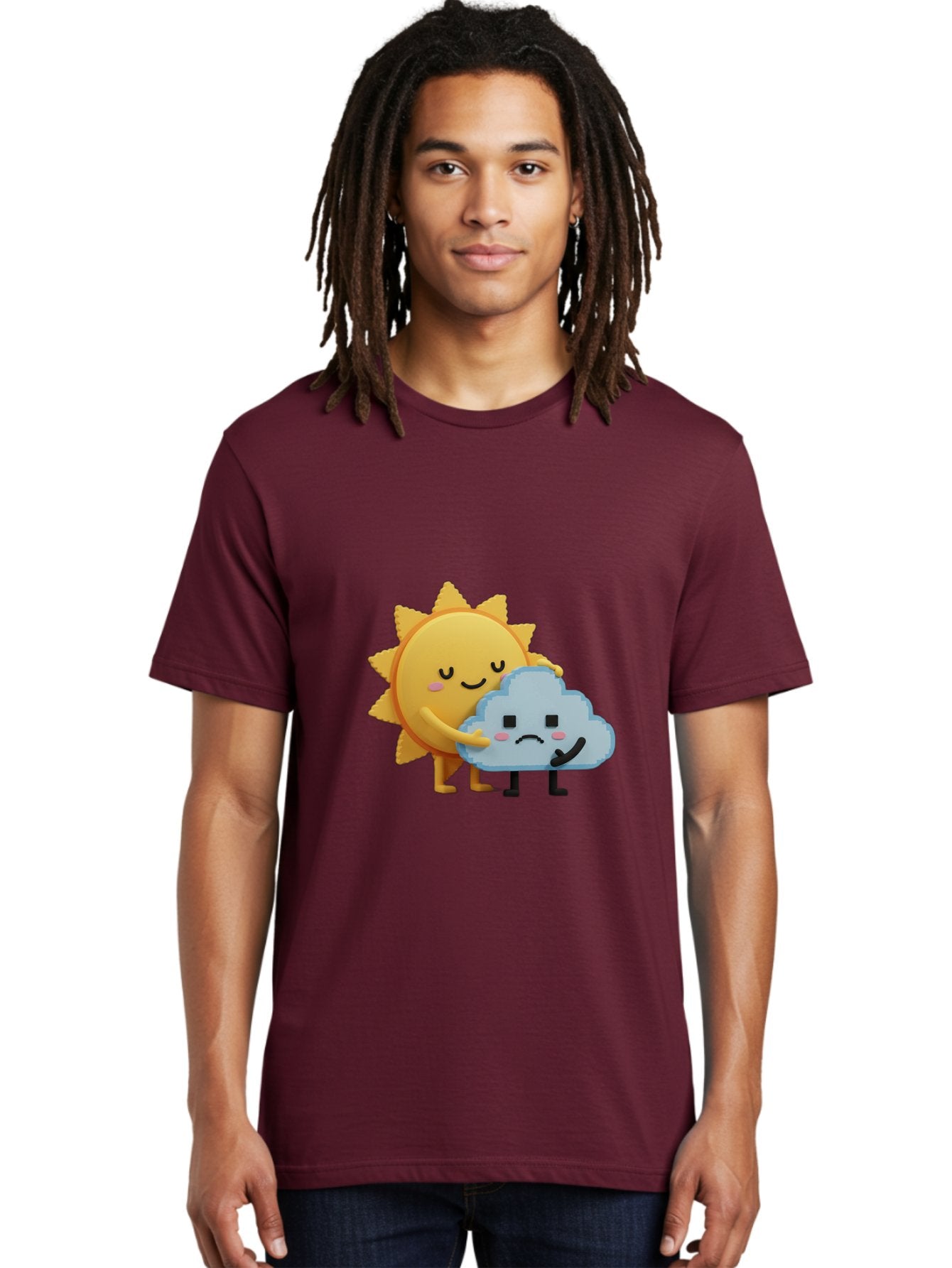 Sun-Hugging-Cloud Men'S Graphic Tee, 100% Cotton, Comfortable Casual Summer Wear, Machine Washable, Sun And Cloud, Smiling Face, Sad Face, Friendship, Anthropomorphic Characters, Emotional Weather, Cartoon Style, Weather Elements, Bae106 18