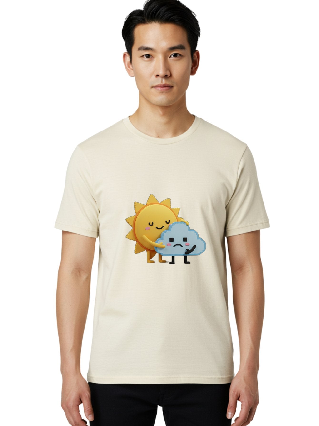 Sun-Hugging-Cloud Men'S Graphic Tee, 100% Cotton, Comfortable Casual Summer Wear, Machine Washable, Sun And Cloud, Smiling Face, Sad Face, Friendship, Anthropomorphic Characters, Emotional Weather, Cartoon Style, Weather Elements, Bae106 29