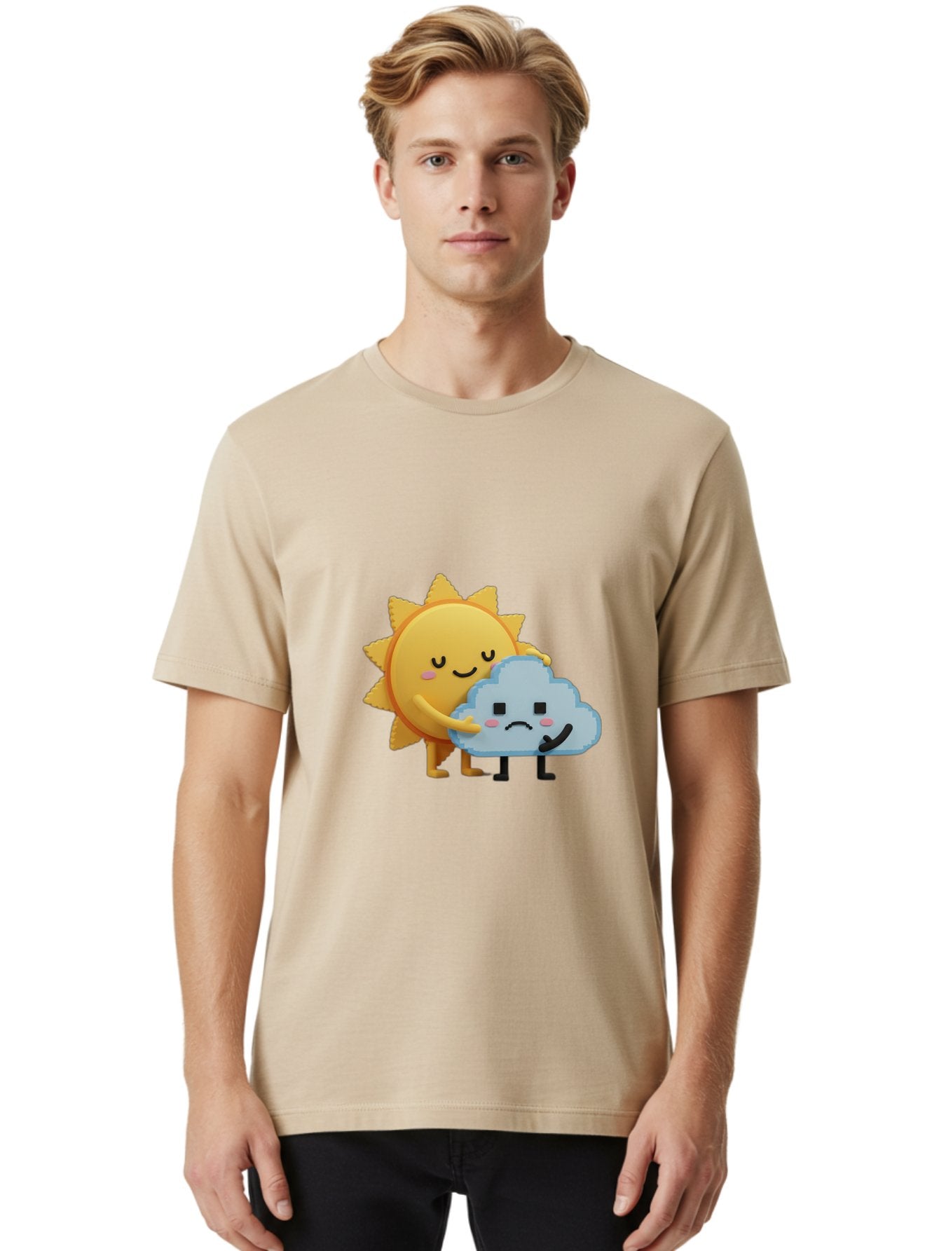 Sun-Hugging-Cloud Men'S Graphic Tee, 100% Cotton, Comfortable Casual Summer Wear, Machine Washable, Sun And Cloud, Smiling Face, Sad Face, Friendship, Anthropomorphic Characters, Emotional Weather, Cartoon Style, Weather Elements, Bae106 17