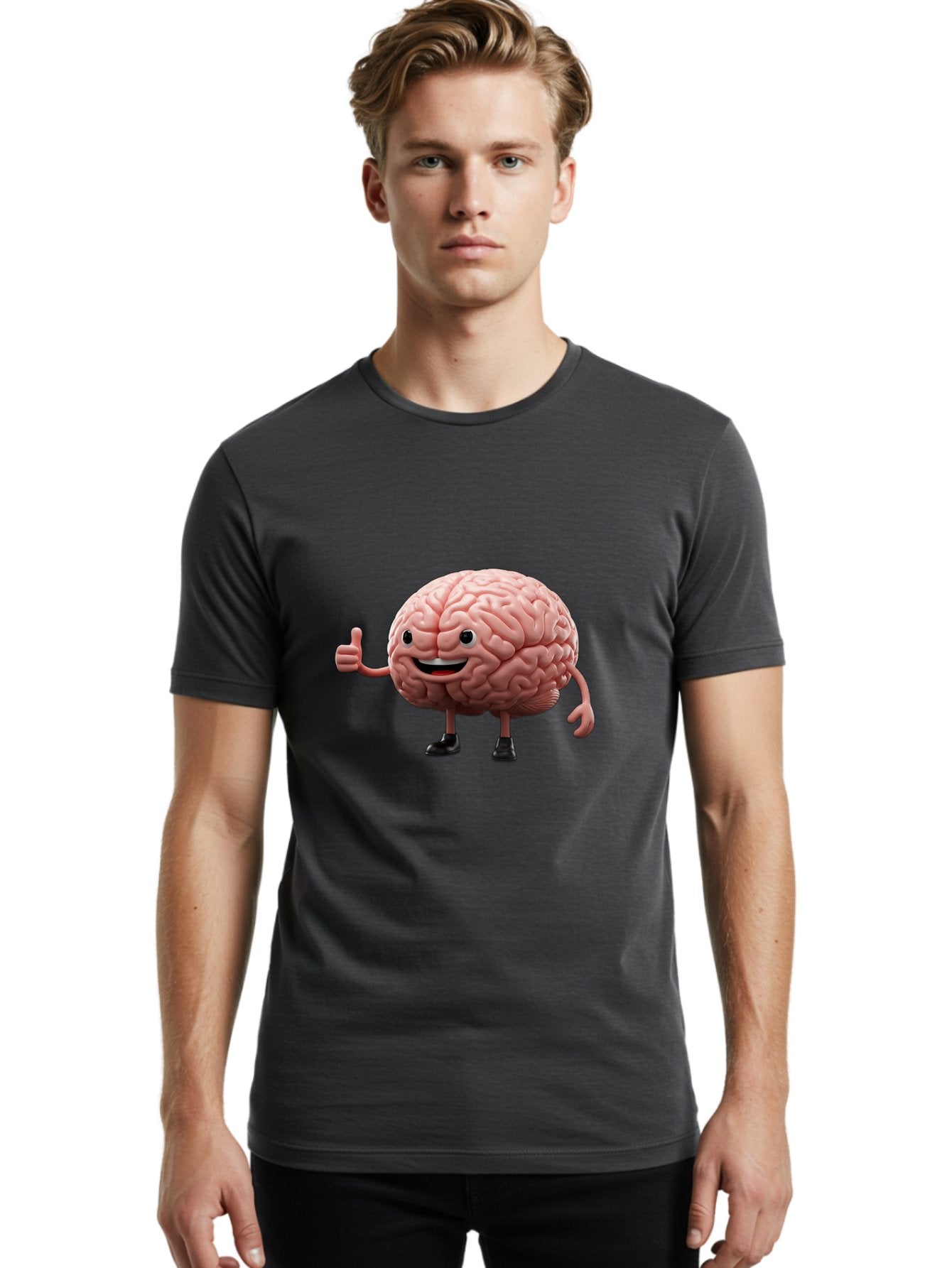 Thumbs-Up-Brain Men'S Graphic Tee, 100% Cotton, Comfortable Casual Summer Wear, Machine Washable, Human Brain Character, Cartoon Brain, Thumbs Up Gesture, Happy Expression, Anthropomorphic Organ, Cognitive Function, Mental Health Awareness, Bae107 17