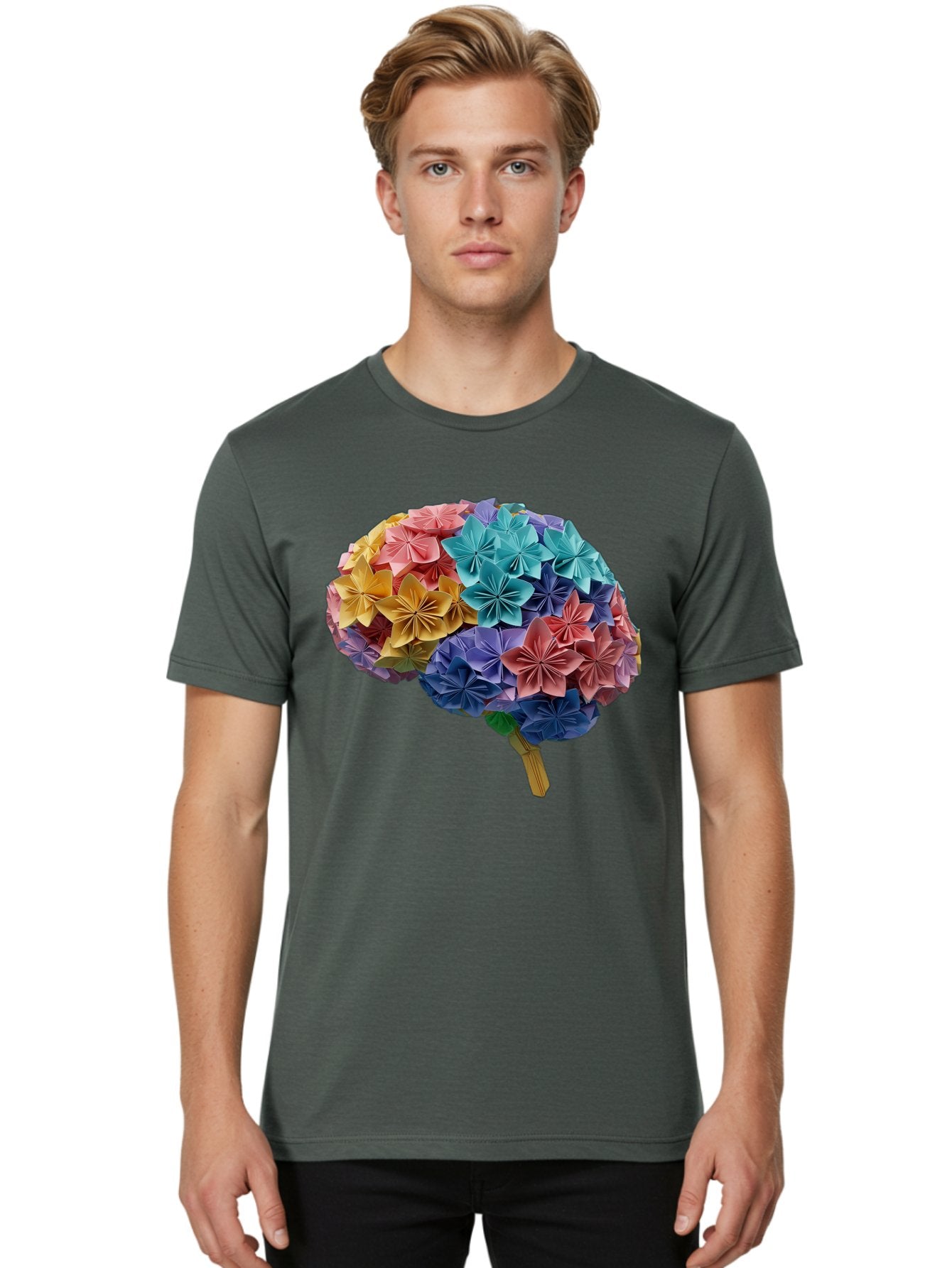 Tree-With-Origami-Flowers Men'S Graphic Tee, 100% Cotton, Comfortable Casual Summer Wear, Machine Washable, Origami Flowers, Colorful Tree, Paper Art, Folded Flowers, Creative Design, Vibrant Colors, Artful Arrangement, Decorative Piece, Bae108 22