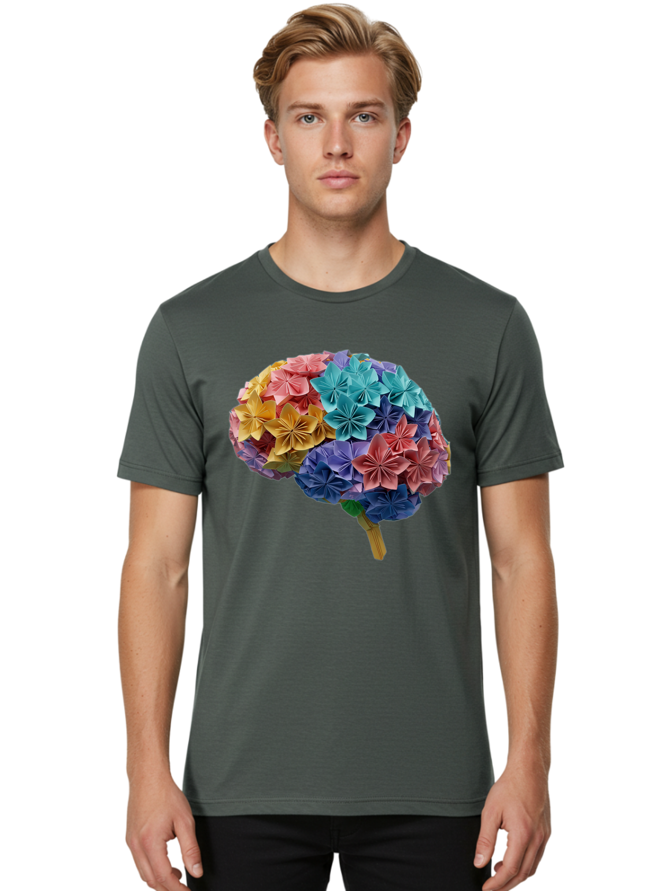 Tree-With-Origami-Flowers Men'S Graphic Tee, 100% Cotton, Comfortable Casual Summer Wear, Machine Washable, Origami Flowers, Colorful Tree, Paper Art, Folded Flowers, Creative Design, Vibrant Colors, Artful Arrangement, Decorative Piece, Bae108 24