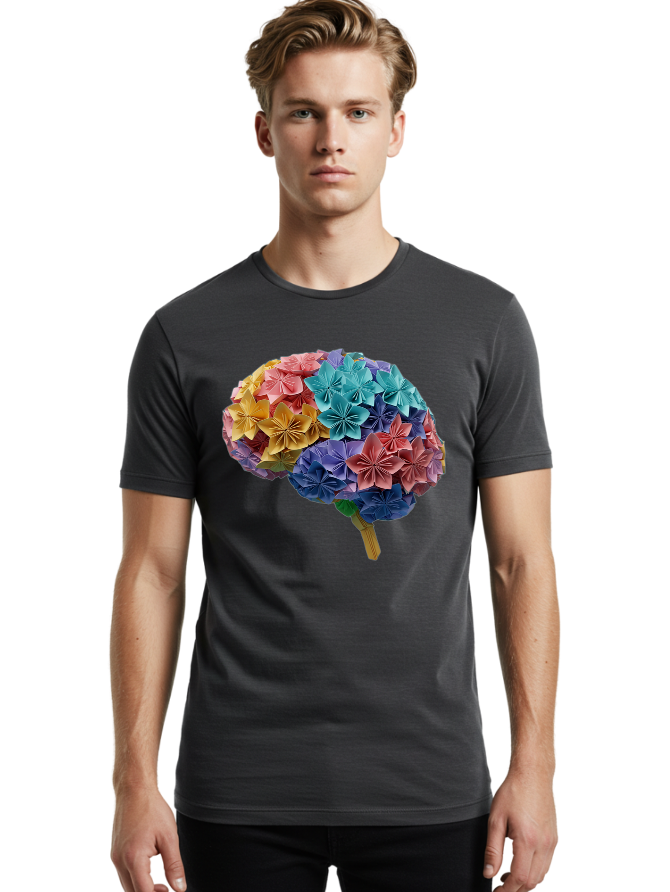 Tree-With-Origami-Flowers Men'S Graphic Tee, 100% Cotton, Comfortable Casual Summer Wear, Machine Washable, Origami Flowers, Colorful Tree, Paper Art, Folded Flowers, Creative Design, Vibrant Colors, Artful Arrangement, Decorative Piece, Bae108 26