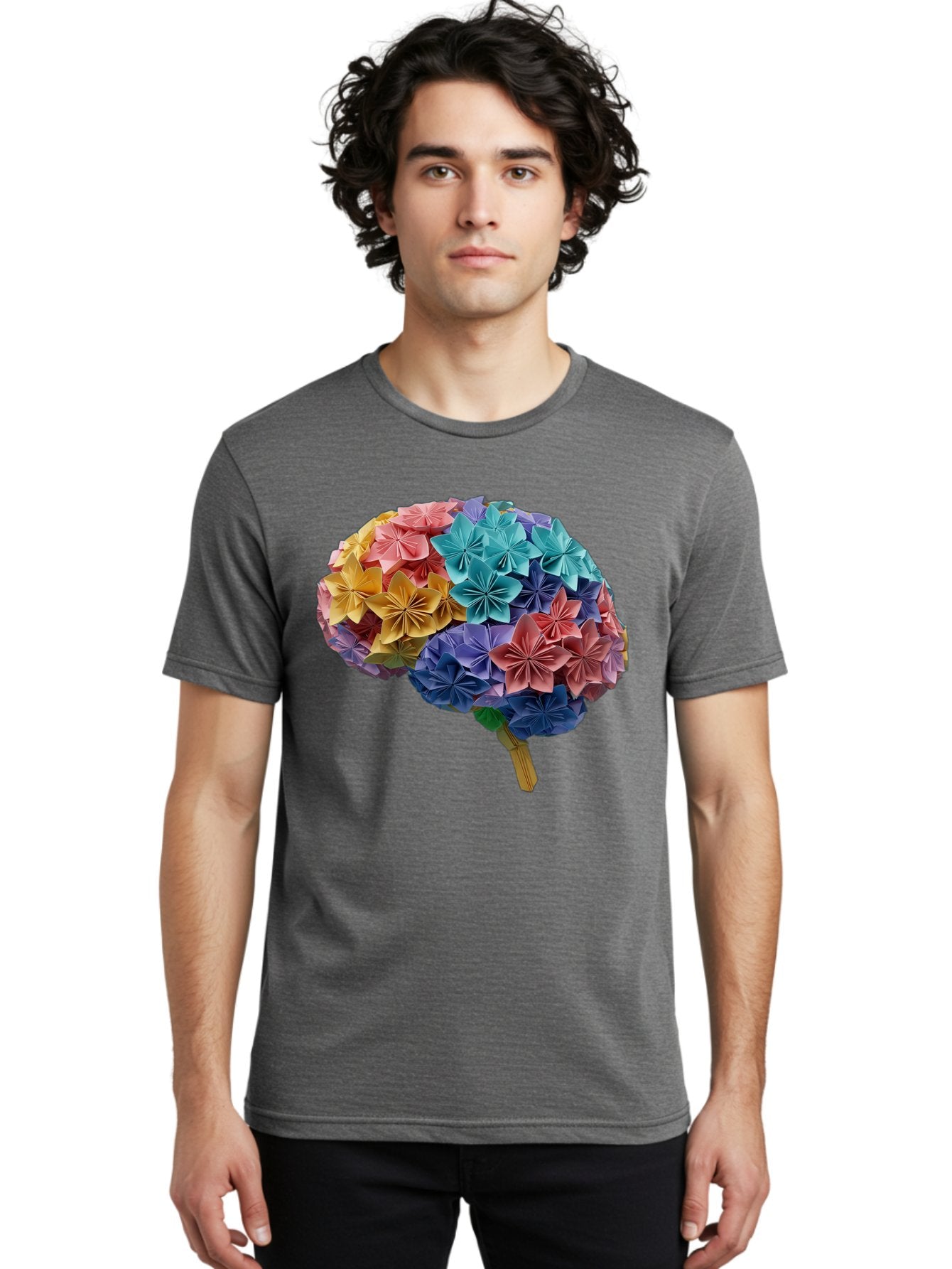 Tree-With-Origami-Flowers Men'S Graphic Tee, 100% Cotton, Comfortable Casual Summer Wear, Machine Washable, Origami Flowers, Colorful Tree, Paper Art, Folded Flowers, Creative Design, Vibrant Colors, Artful Arrangement, Decorative Piece, Bae108 23