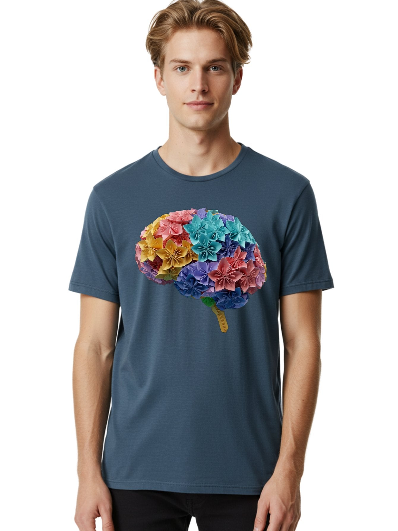 Tree-With-Origami-Flowers Men'S Graphic Tee, 100% Cotton, Comfortable Casual Summer Wear, Machine Washable, Origami Flowers, Colorful Tree, Paper Art, Folded Flowers, Creative Design, Vibrant Colors, Artful Arrangement, Decorative Piece, Bae108 25
