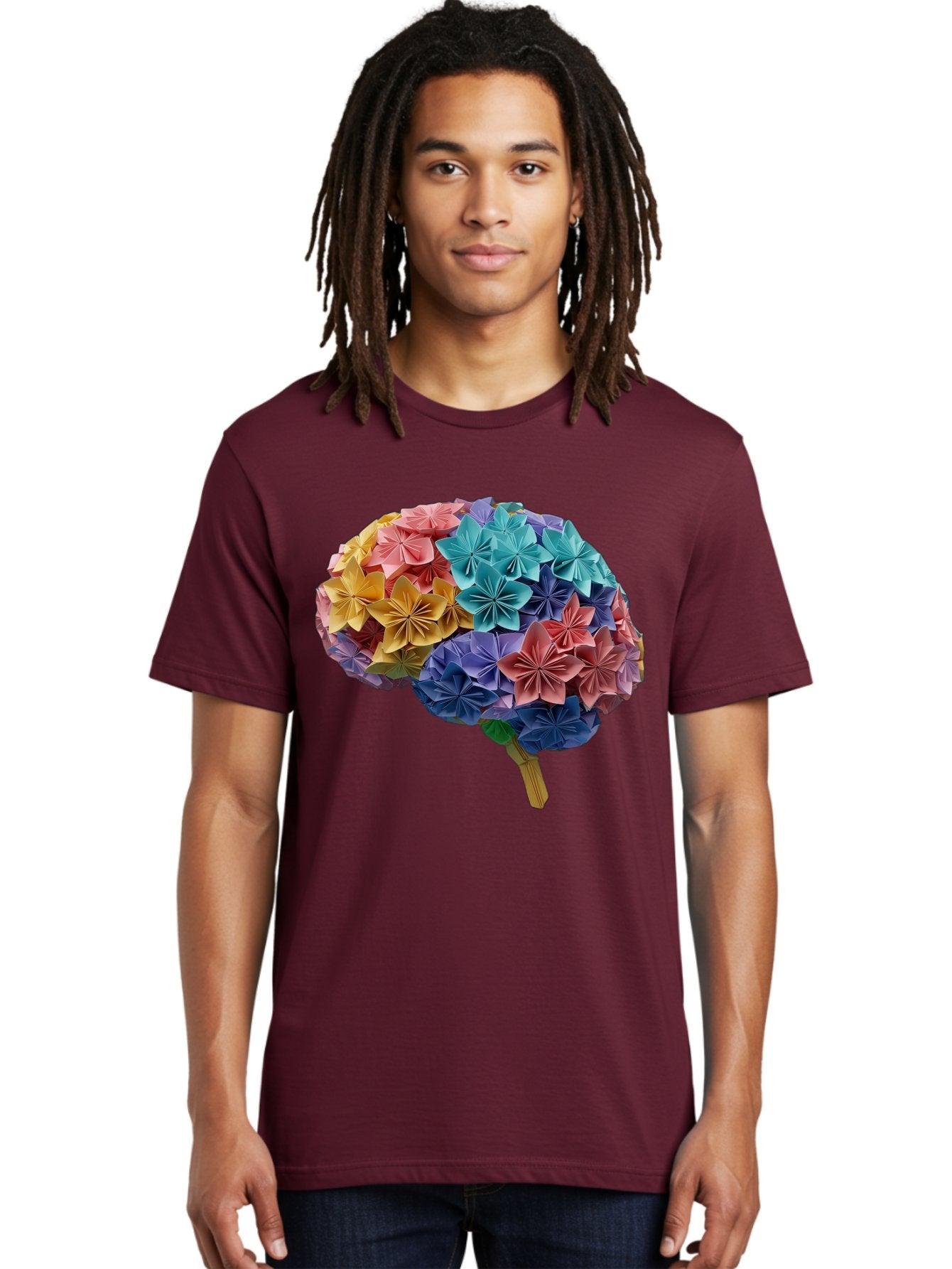 Tree-With-Origami-Flowers Men'S Graphic Tee, 100% Cotton, Comfortable Casual Summer Wear, Machine Washable, Origami Flowers, Colorful Tree, Paper Art, Folded Flowers, Creative Design, Vibrant Colors, Artful Arrangement, Decorative Piece, Bae108 26