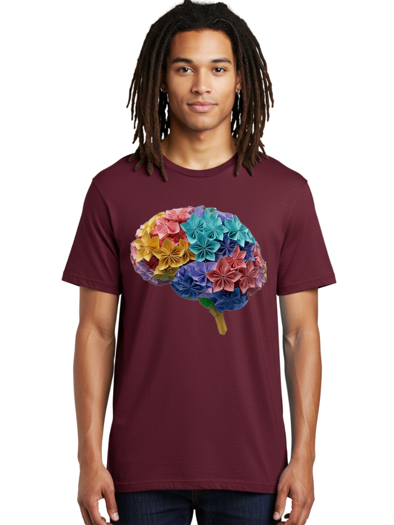 Tree-With-Origami-Flowers Men'S Graphic Tee, 100% Cotton, Comfortable Casual Summer Wear, Machine Washable, Origami Flowers, Colorful Tree, Paper Art, Folded Flowers, Creative Design, Vibrant Colors, Artful Arrangement, Decorative Piece, Bae108 20
