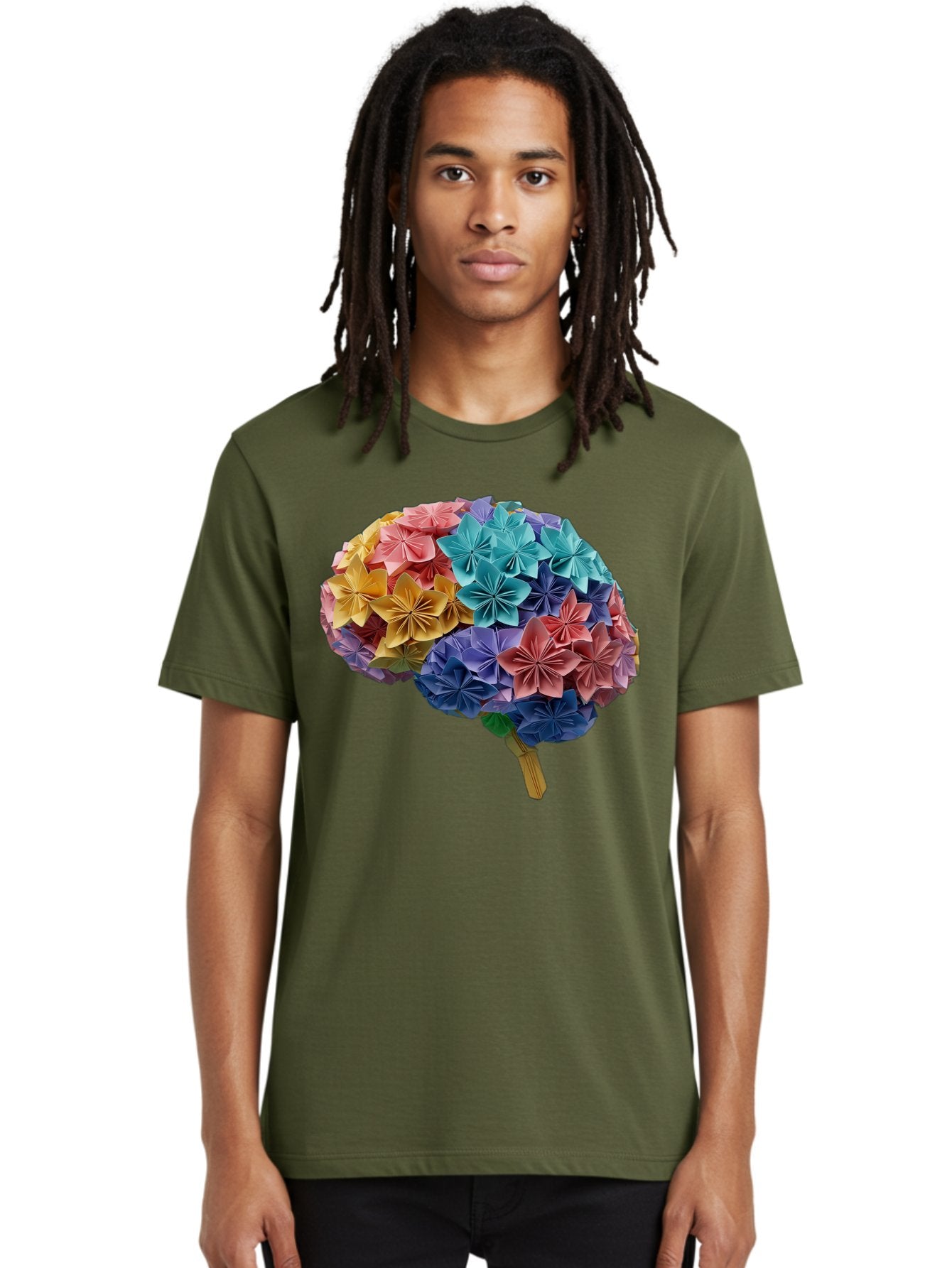 Tree-With-Origami-Flowers Men'S Graphic Tee, 100% Cotton, Comfortable Casual Summer Wear, Machine Washable, Origami Flowers, Colorful Tree, Paper Art, Folded Flowers, Creative Design, Vibrant Colors, Artful Arrangement, Decorative Piece, Bae108 27