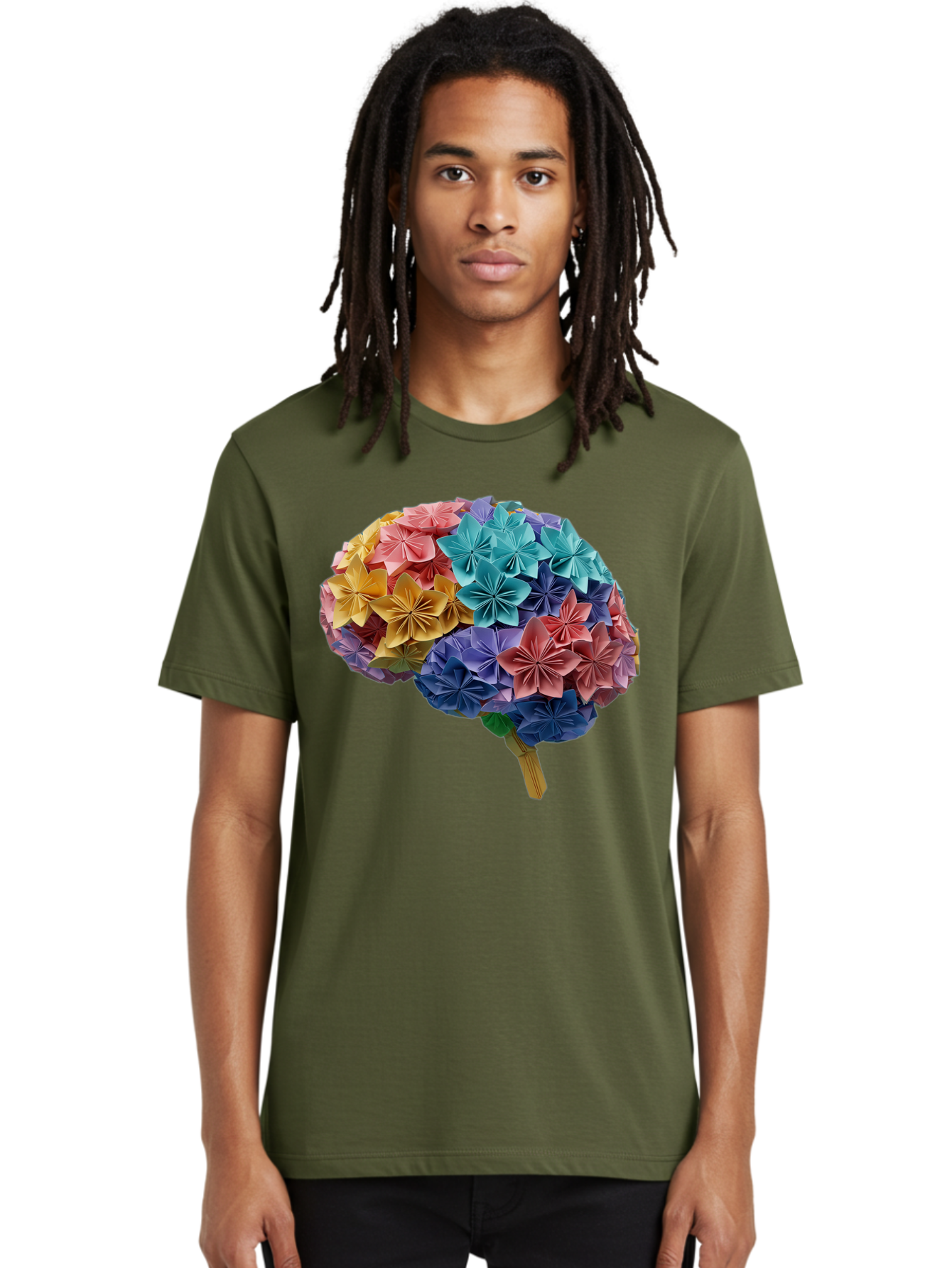 Tree-With-Origami-Flowers Men'S Graphic Tee, 100% Cotton, Comfortable Casual Summer Wear, Machine Washable, Origami Flowers, Colorful Tree, Paper Art, Folded Flowers, Creative Design, Vibrant Colors, Artful Arrangement, Decorative Piece, Bae108 19