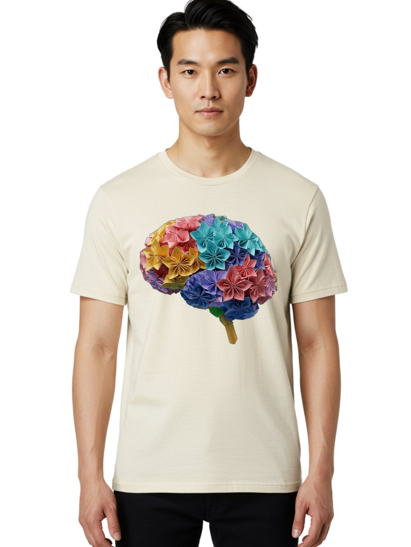 Tree-With-Origami-Flowers Men'S Graphic Tee, 100% Cotton, Comfortable Casual Summer Wear, Machine Washable, Origami Flowers, Colorful Tree, Paper Art, Folded Flowers, Creative Design, Vibrant Colors, Artful Arrangement, Decorative Piece, Bae108 21