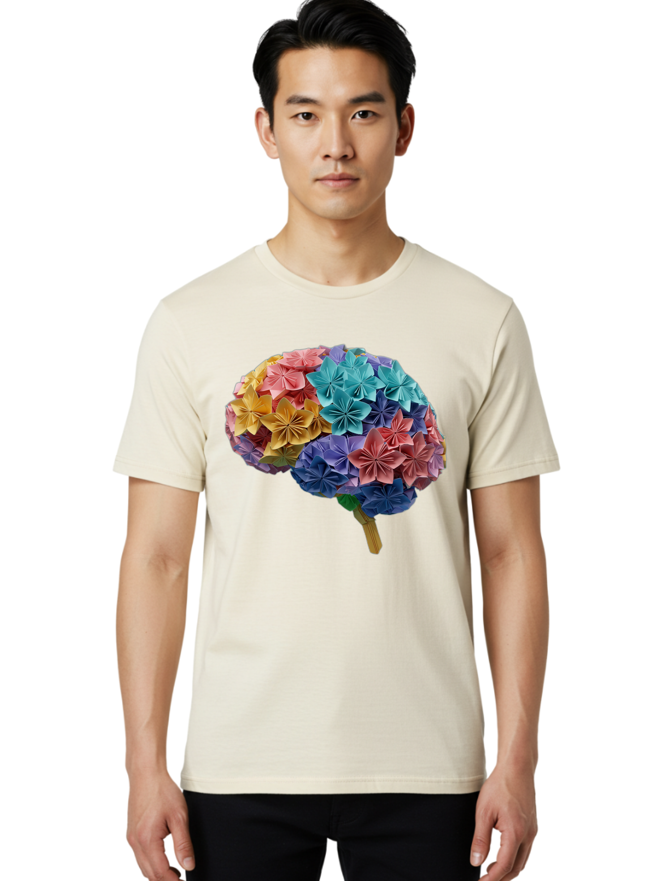 Tree-With-Origami-Flowers Men'S Graphic Tee, 100% Cotton, Comfortable Casual Summer Wear, Machine Washable, Origami Flowers, Colorful Tree, Paper Art, Folded Flowers, Creative Design, Vibrant Colors, Artful Arrangement, Decorative Piece, Bae108 25