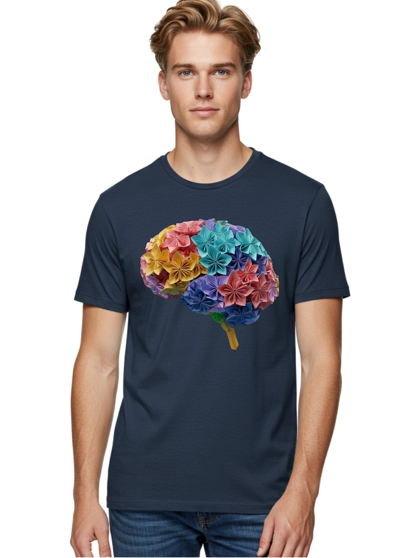 Tree-With-Origami-Flowers Men'S Graphic Tee, 100% Cotton, Comfortable Casual Summer Wear, Machine Washable, Origami Flowers, Colorful Tree, Paper Art, Folded Flowers, Creative Design, Vibrant Colors, Artful Arrangement, Decorative Piece, Bae108 29