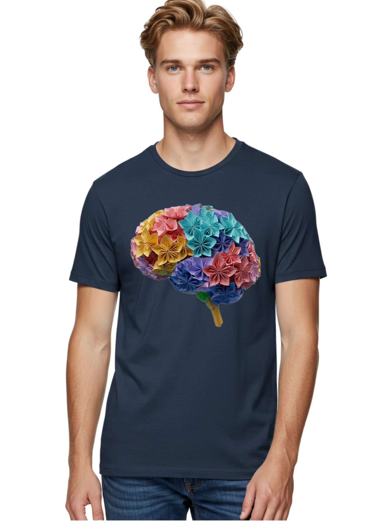 Tree-With-Origami-Flowers Men'S Graphic Tee, 100% Cotton, Comfortable Casual Summer Wear, Machine Washable, Origami Flowers, Colorful Tree, Paper Art, Folded Flowers, Creative Design, Vibrant Colors, Artful Arrangement, Decorative Piece, Bae108 17