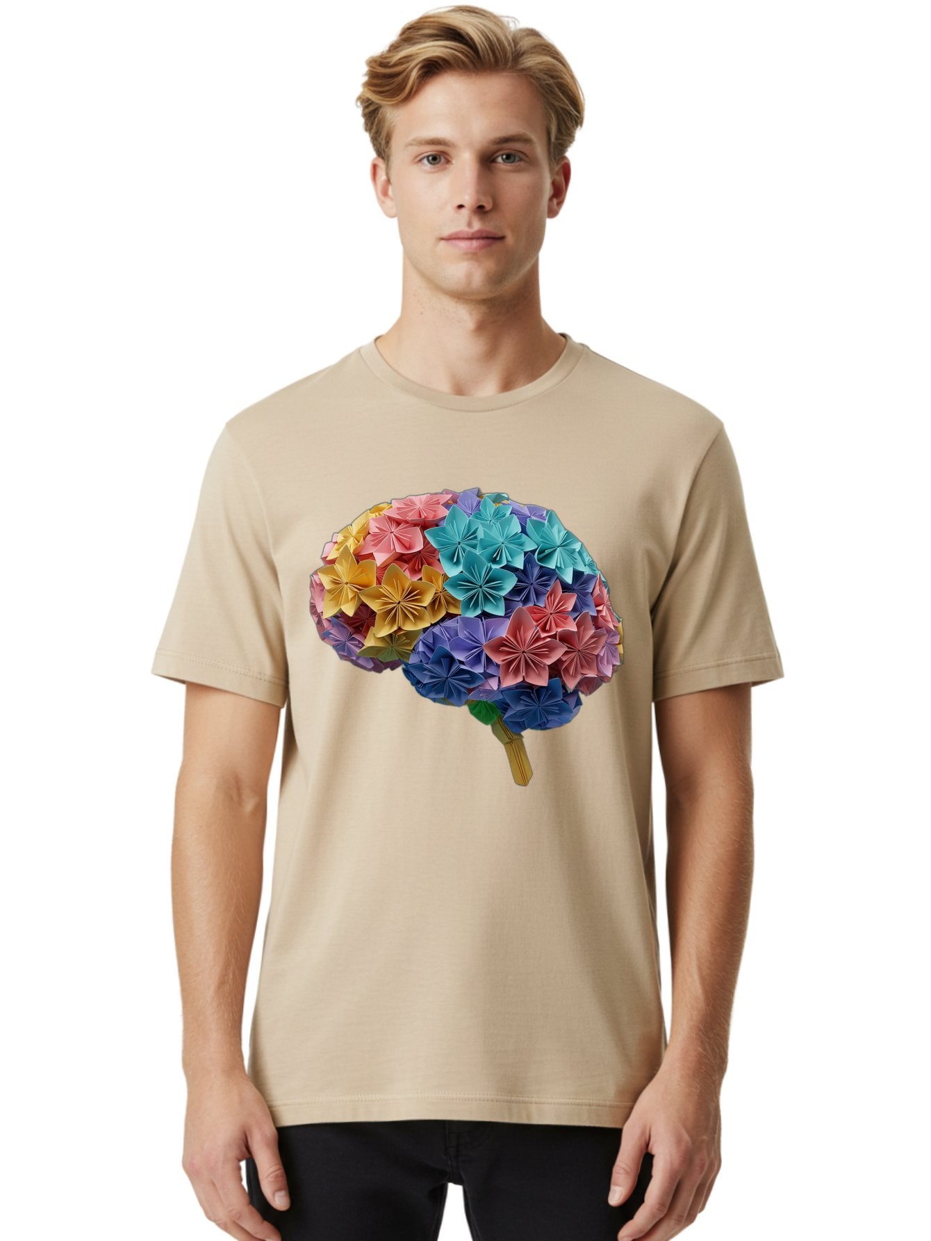 Tree-With-Origami-Flowers Men'S Graphic Tee, 100% Cotton, Comfortable Casual Summer Wear, Machine Washable, Origami Flowers, Colorful Tree, Paper Art, Folded Flowers, Creative Design, Vibrant Colors, Artful Arrangement, Decorative Piece, Bae108 16