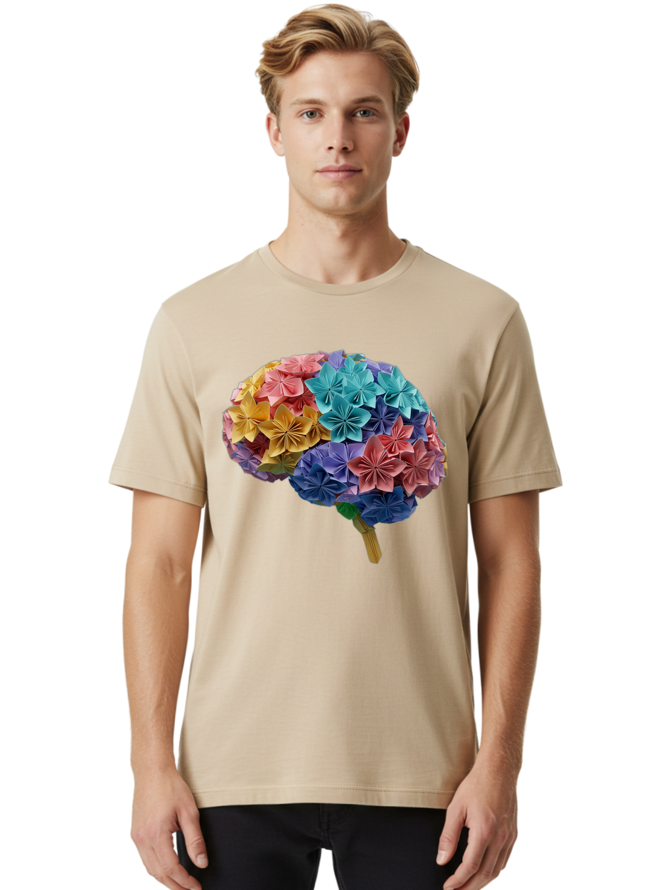Tree-With-Origami-Flowers Men'S Graphic Tee, 100% Cotton, Comfortable Casual Summer Wear, Machine Washable, Origami Flowers, Colorful Tree, Paper Art, Folded Flowers, Creative Design, Vibrant Colors, Artful Arrangement, Decorative Piece, Bae108 28