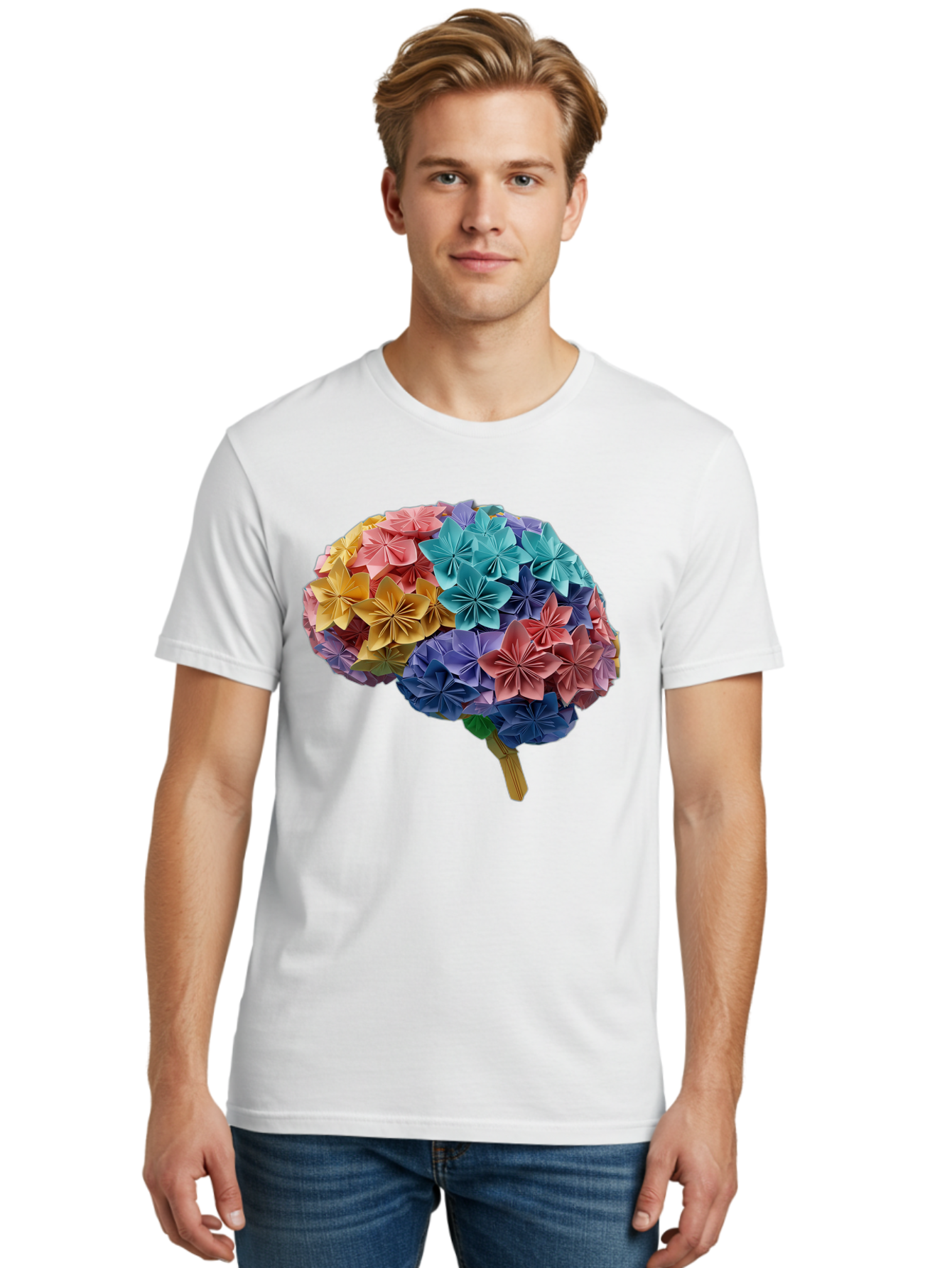 Tree-With-Origami-Flowers Men'S Graphic Tee, 100% Cotton, Comfortable Casual Summer Wear, Machine Washable, Origami Flowers, Colorful Tree, Paper Art, Folded Flowers, Creative Design, Vibrant Colors, Artful Arrangement, Decorative Piece, Bae108 30