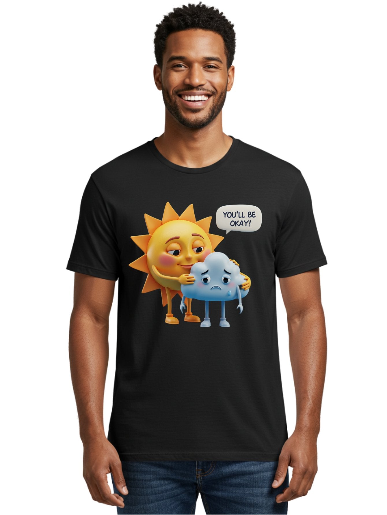 You-Ll-Be-Okay Men'S Graphic Tee, 100% Cotton, Comfortable Casual Summer Wear, Machine Washable, Sun Hugging Sad Cloud, Reassuring Words, Emotional Support, Comforting Scene, Mental Health Awareness, Positivity, Friendship, Cartoon Characters Bae110 17
