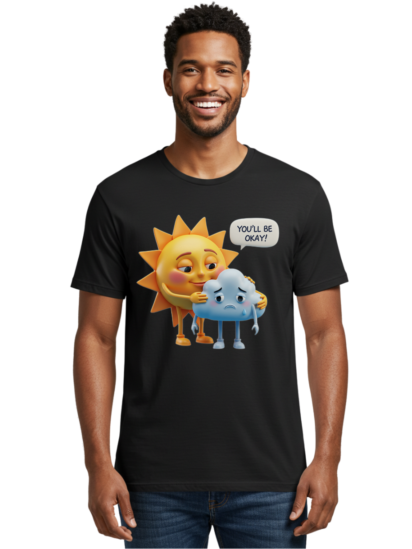 You-Ll-Be-Okay Men'S Graphic Tee, 100% Cotton, Comfortable Casual Summer Wear, Machine Washable, Sun Hugging Sad Cloud, Reassuring Words, Emotional Support, Comforting Scene, Mental Health Awareness, Positivity, Friendship, Cartoon Characters Bae110 29