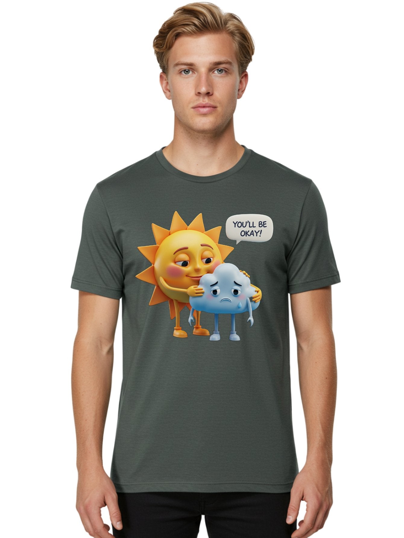 You-Ll-Be-Okay Men'S Graphic Tee, 100% Cotton, Comfortable Casual Summer Wear, Machine Washable, Sun Hugging Sad Cloud, Reassuring Words, Emotional Support, Comforting Scene, Mental Health Awareness, Positivity, Friendship, Cartoon Characters Bae110 24