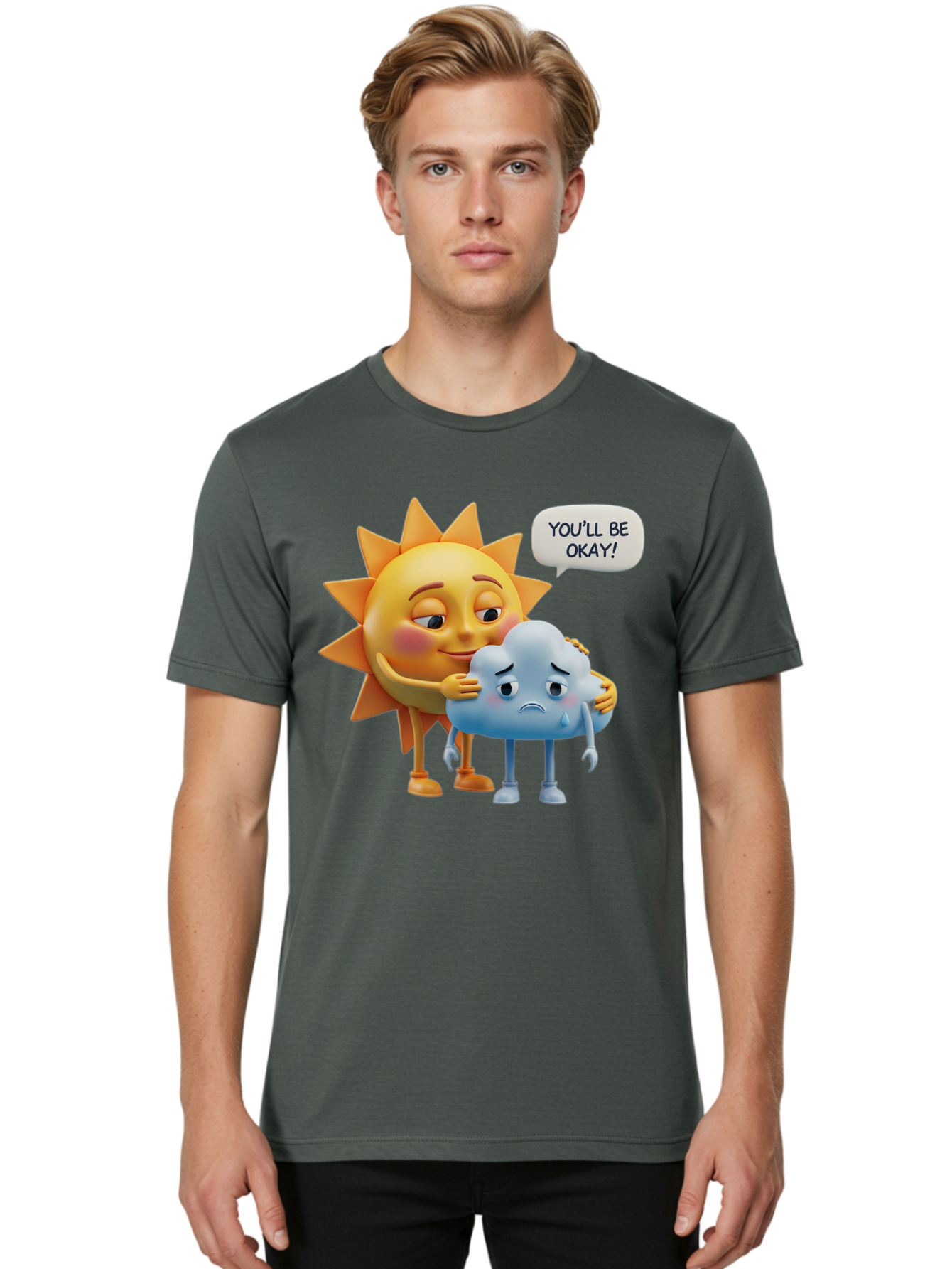 You-Ll-Be-Okay Men'S Graphic Tee, 100% Cotton, Comfortable Casual Summer Wear, Machine Washable, Sun Hugging Sad Cloud, Reassuring Words, Emotional Support, Comforting Scene, Mental Health Awareness, Positivity, Friendship, Cartoon Characters Bae110 22