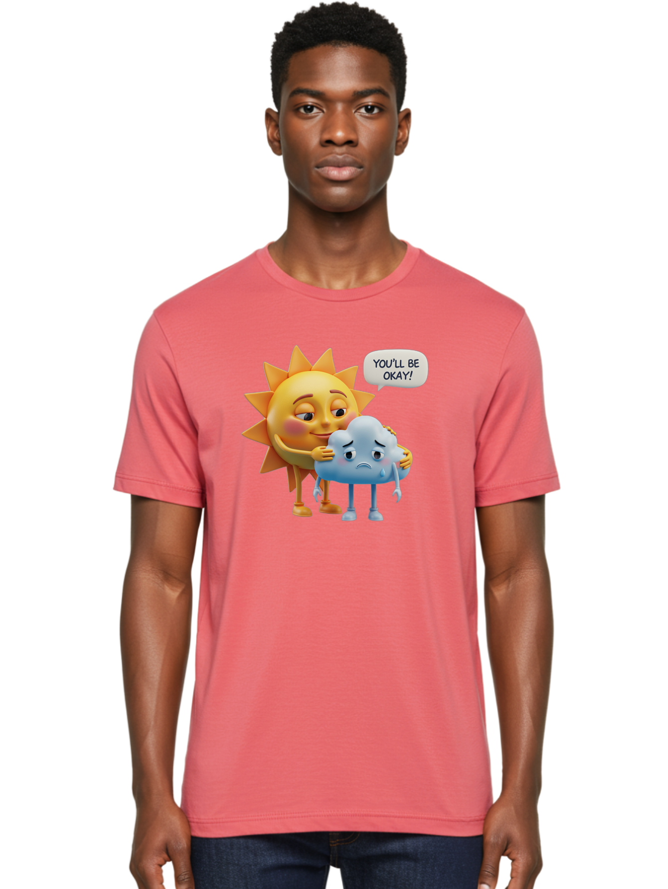 You-Ll-Be-Okay Men'S Graphic Tee, 100% Cotton, Comfortable Casual Summer Wear, Machine Washable, Sun Hugging Sad Cloud, Reassuring Words, Emotional Support, Comforting Scene, Mental Health Awareness, Positivity, Friendship, Cartoon Characters Bae110 16