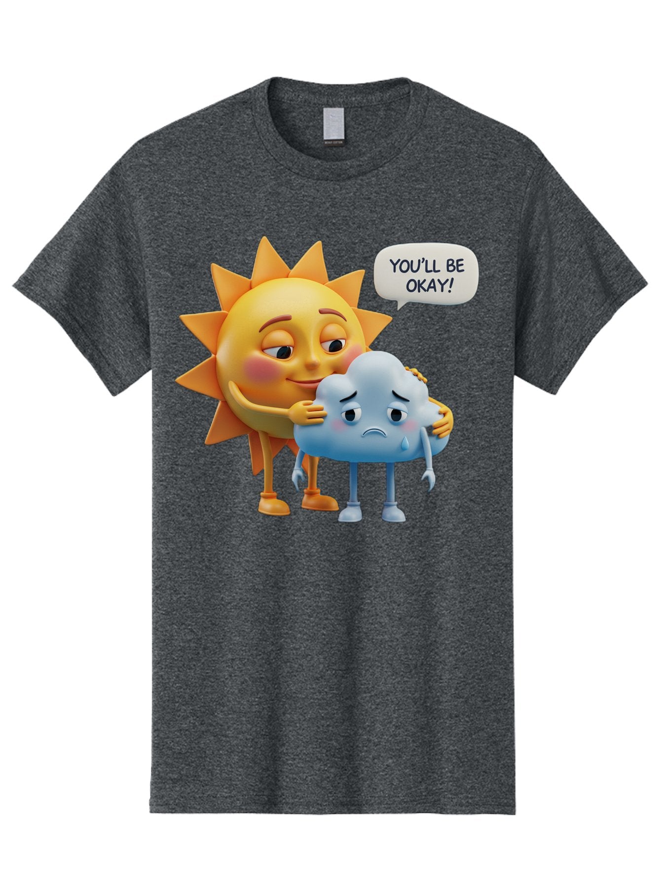 You-Ll-Be-Okay Men'S Graphic Tee, 100% Cotton, Comfortable Casual Summer Wear, Machine Washable, Sun Hugging Sad Cloud, Reassuring Words, Emotional Support, Comforting Scene, Mental Health Awareness, Positivity, Friendship, Cartoon Characters Bae110