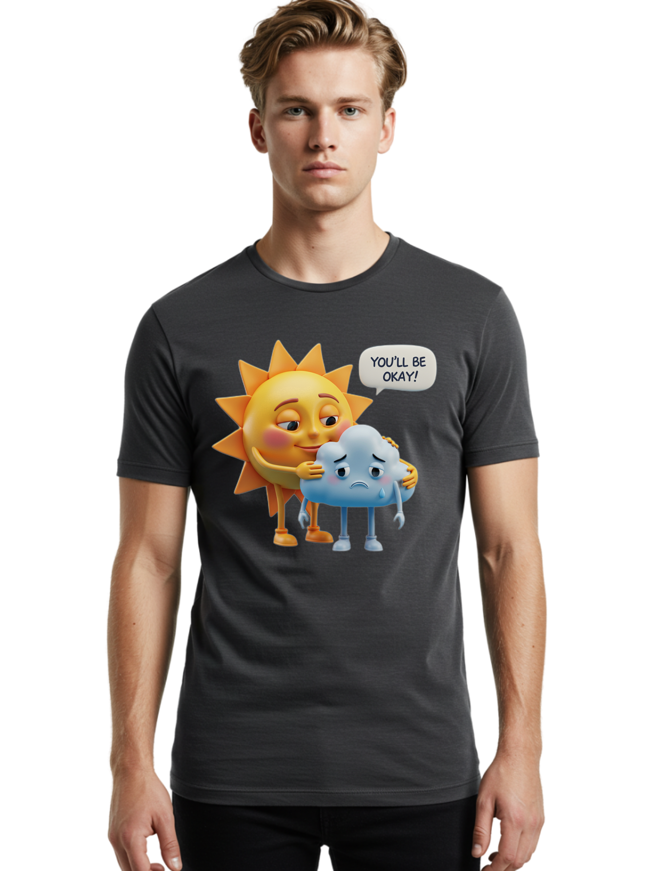 You-Ll-Be-Okay Men'S Graphic Tee, 100% Cotton, Comfortable Casual Summer Wear, Machine Washable, Sun Hugging Sad Cloud, Reassuring Words, Emotional Support, Comforting Scene, Mental Health Awareness, Positivity, Friendship, Cartoon Characters Bae110 26