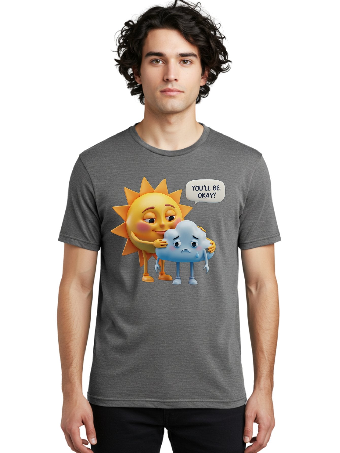 You-Ll-Be-Okay Men'S Graphic Tee, 100% Cotton, Comfortable Casual Summer Wear, Machine Washable, Sun Hugging Sad Cloud, Reassuring Words, Emotional Support, Comforting Scene, Mental Health Awareness, Positivity, Friendship, Cartoon Characters Bae110 23