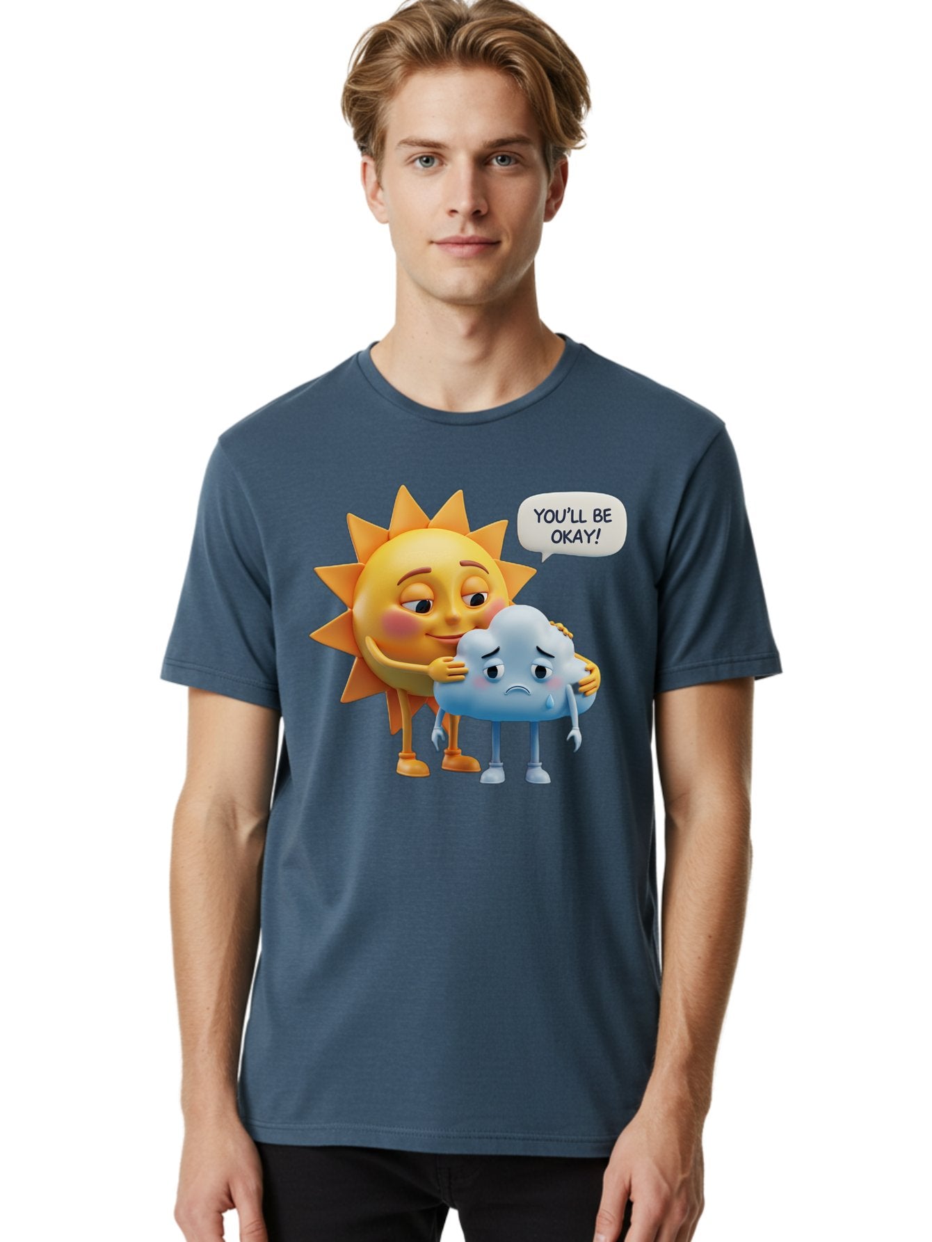 You-Ll-Be-Okay Men'S Graphic Tee, 100% Cotton, Comfortable Casual Summer Wear, Machine Washable, Sun Hugging Sad Cloud, Reassuring Words, Emotional Support, Comforting Scene, Mental Health Awareness, Positivity, Friendship, Cartoon Characters Bae110 18