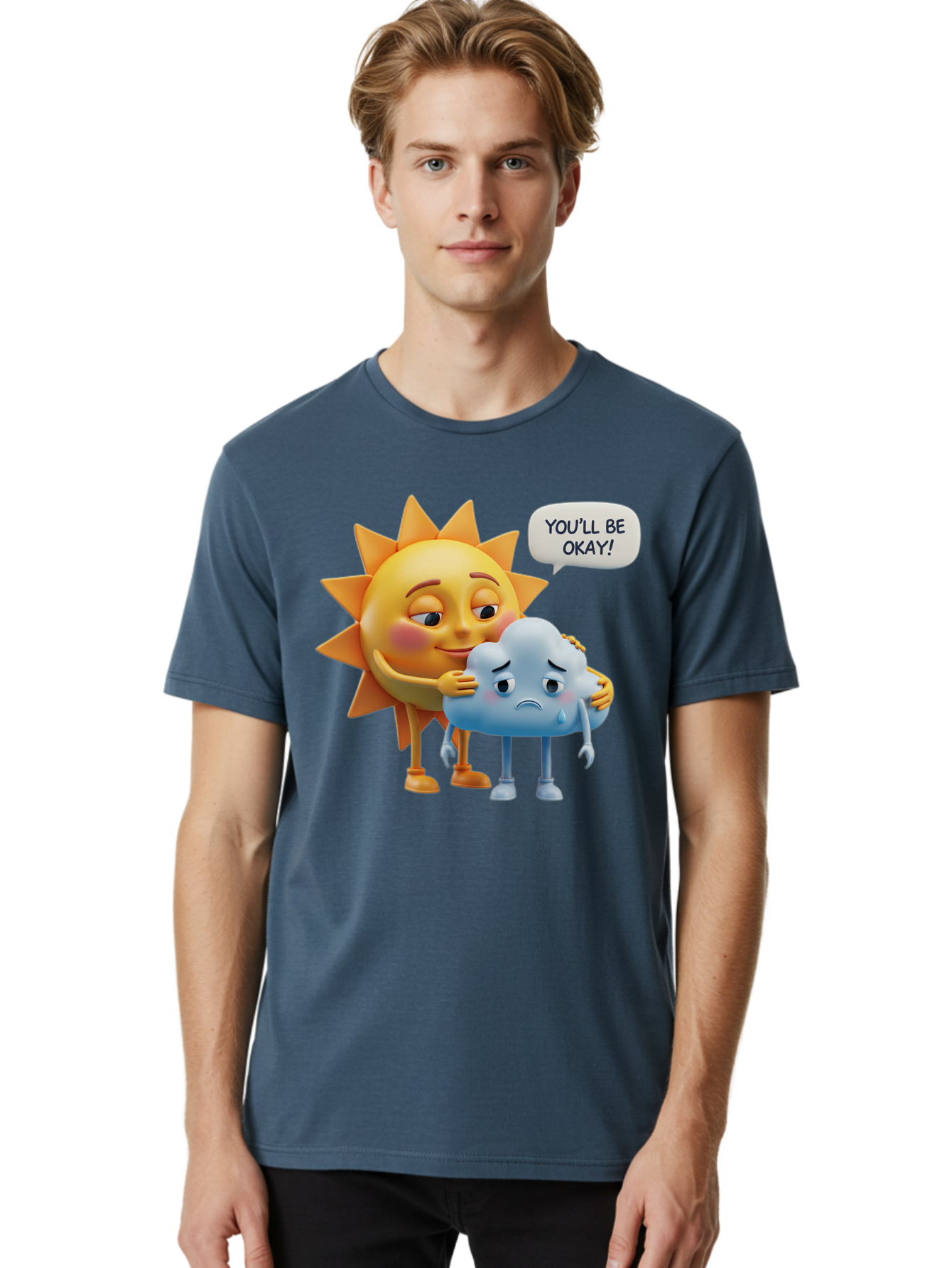 You-Ll-Be-Okay Men'S Graphic Tee, 100% Cotton, Comfortable Casual Summer Wear, Machine Washable, Sun Hugging Sad Cloud, Reassuring Words, Emotional Support, Comforting Scene, Mental Health Awareness, Positivity, Friendship, Cartoon Characters Bae110 27