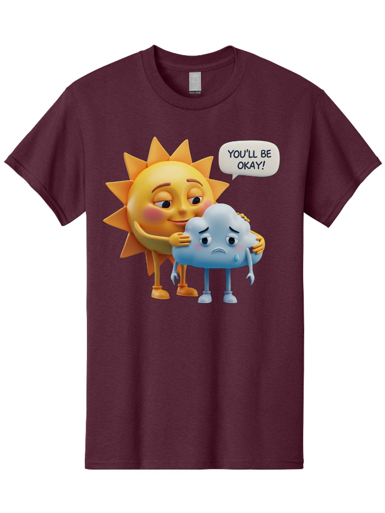 You-Ll-Be-Okay Men'S Graphic Tee, 100% Cotton, Comfortable Casual Summer Wear, Machine Washable, Sun Hugging Sad Cloud, Reassuring Words, Emotional Support, Comforting Scene, Mental Health Awareness, Positivity, Friendship, Cartoon Characters Bae110 12