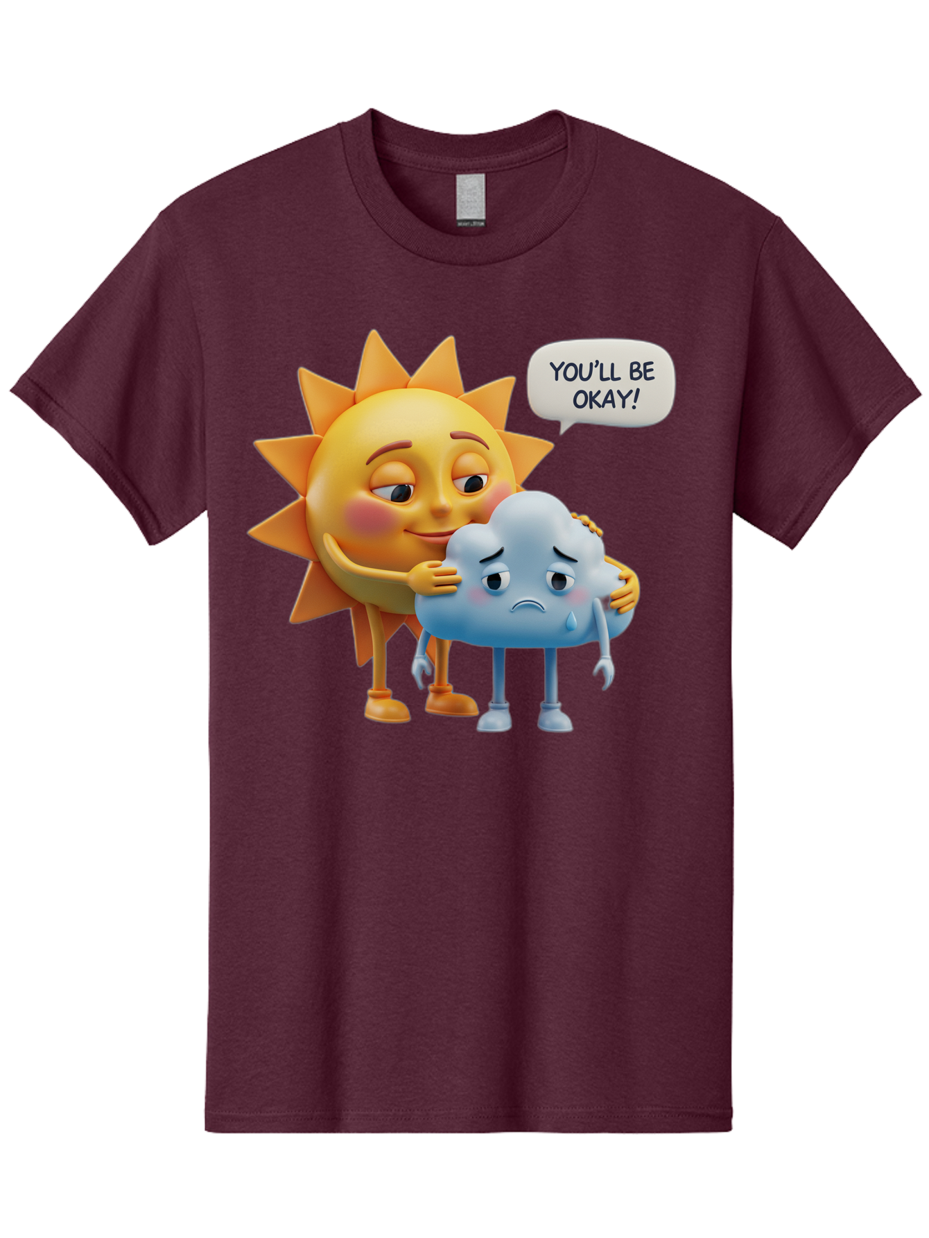 You-Ll-Be-Okay Men'S Graphic Tee, 100% Cotton, Comfortable Casual Summer Wear, Machine Washable, Sun Hugging Sad Cloud, Reassuring Words, Emotional Support, Comforting Scene, Mental Health Awareness, Positivity, Friendship, Cartoon Characters Bae110 3