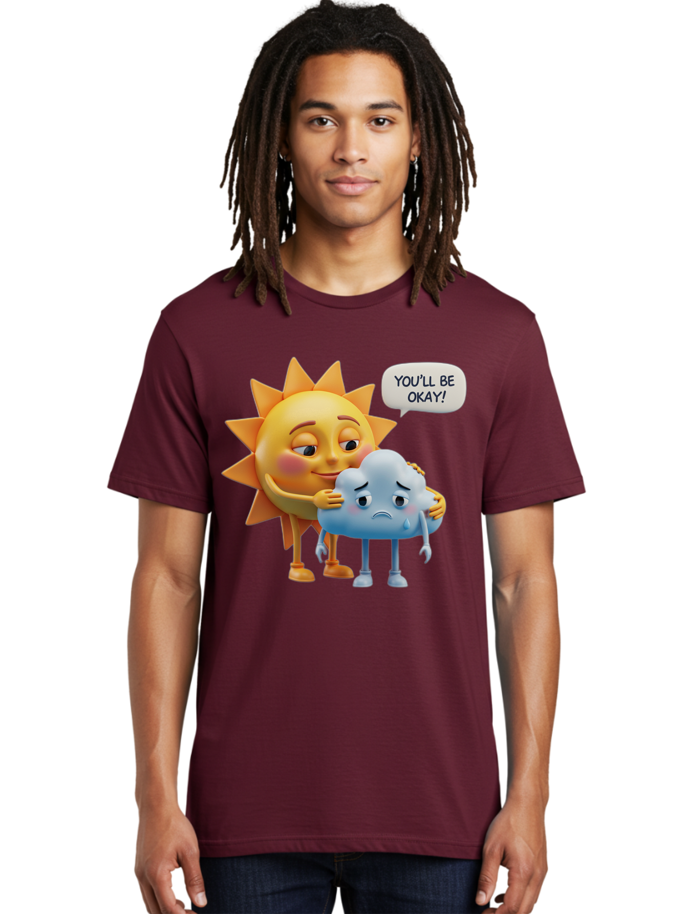You-Ll-Be-Okay Men'S Graphic Tee, 100% Cotton, Comfortable Casual Summer Wear, Machine Washable, Sun Hugging Sad Cloud, Reassuring Words, Emotional Support, Comforting Scene, Mental Health Awareness, Positivity, Friendship, Cartoon Characters Bae110 18