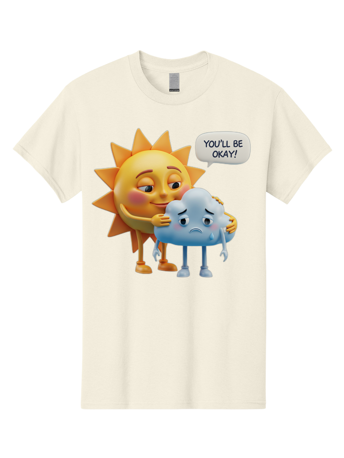 You-Ll-Be-Okay Men'S Graphic Tee, 100% Cotton, Comfortable Casual Summer Wear, Machine Washable, Sun Hugging Sad Cloud, Reassuring Words, Emotional Support, Comforting Scene, Mental Health Awareness, Positivity, Friendship, Cartoon Characters Bae110 4