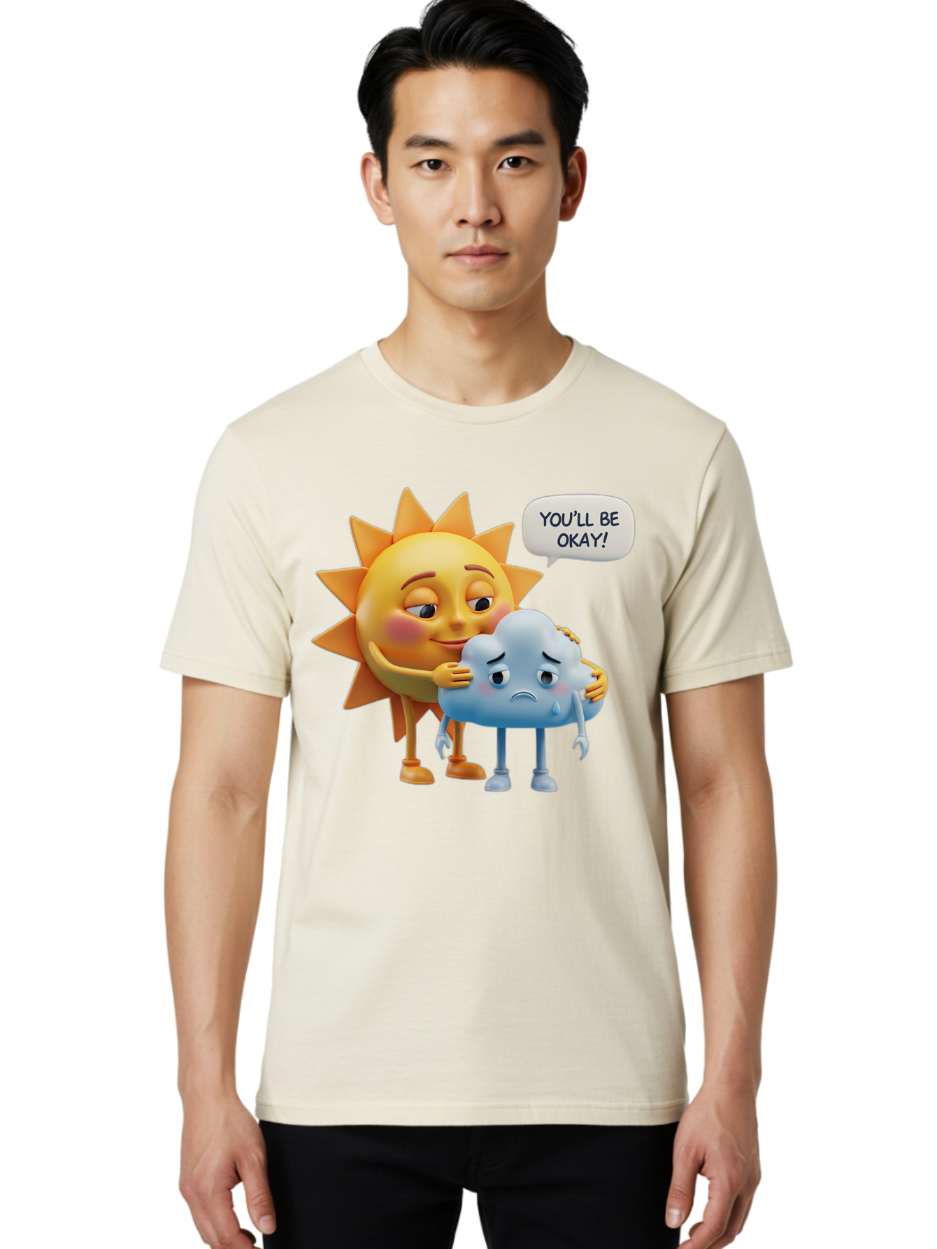 You-Ll-Be-Okay Men'S Graphic Tee, 100% Cotton, Comfortable Casual Summer Wear, Machine Washable, Sun Hugging Sad Cloud, Reassuring Words, Emotional Support, Comforting Scene, Mental Health Awareness, Positivity, Friendship, Cartoon Characters Bae110 19
