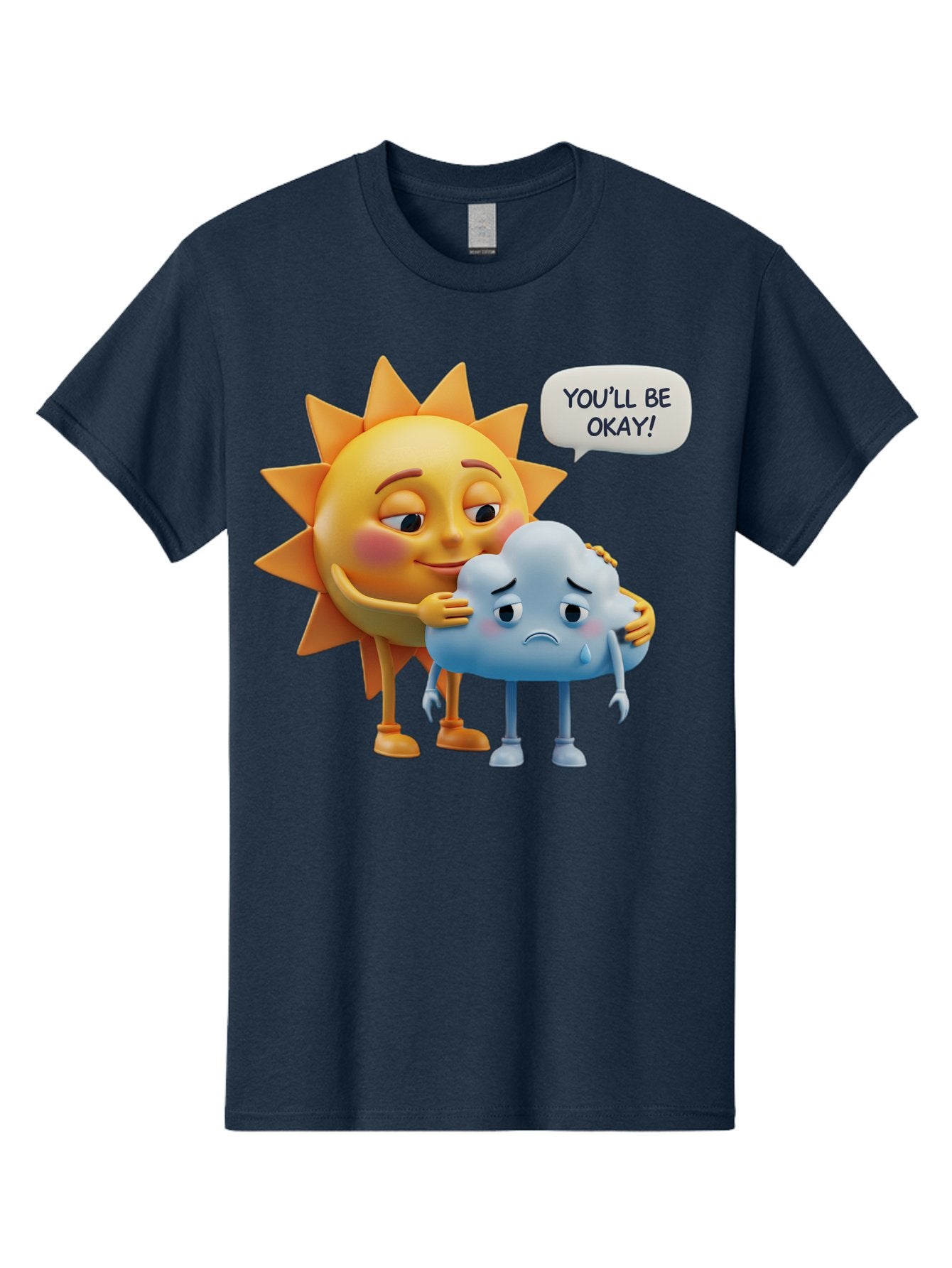 You-Ll-Be-Okay Men'S Graphic Tee, 100% Cotton, Comfortable Casual Summer Wear, Machine Washable, Sun Hugging Sad Cloud, Reassuring Words, Emotional Support, Comforting Scene, Mental Health Awareness, Positivity, Friendship, Cartoon Characters Bae110